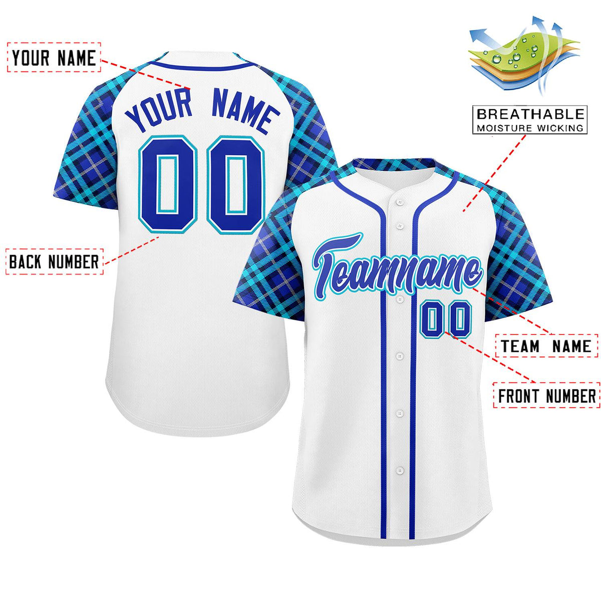 Custom White Royal-Sky Blue Personalized Raglan Sleeves Authentic Baseball Jersey | KXKSHOP