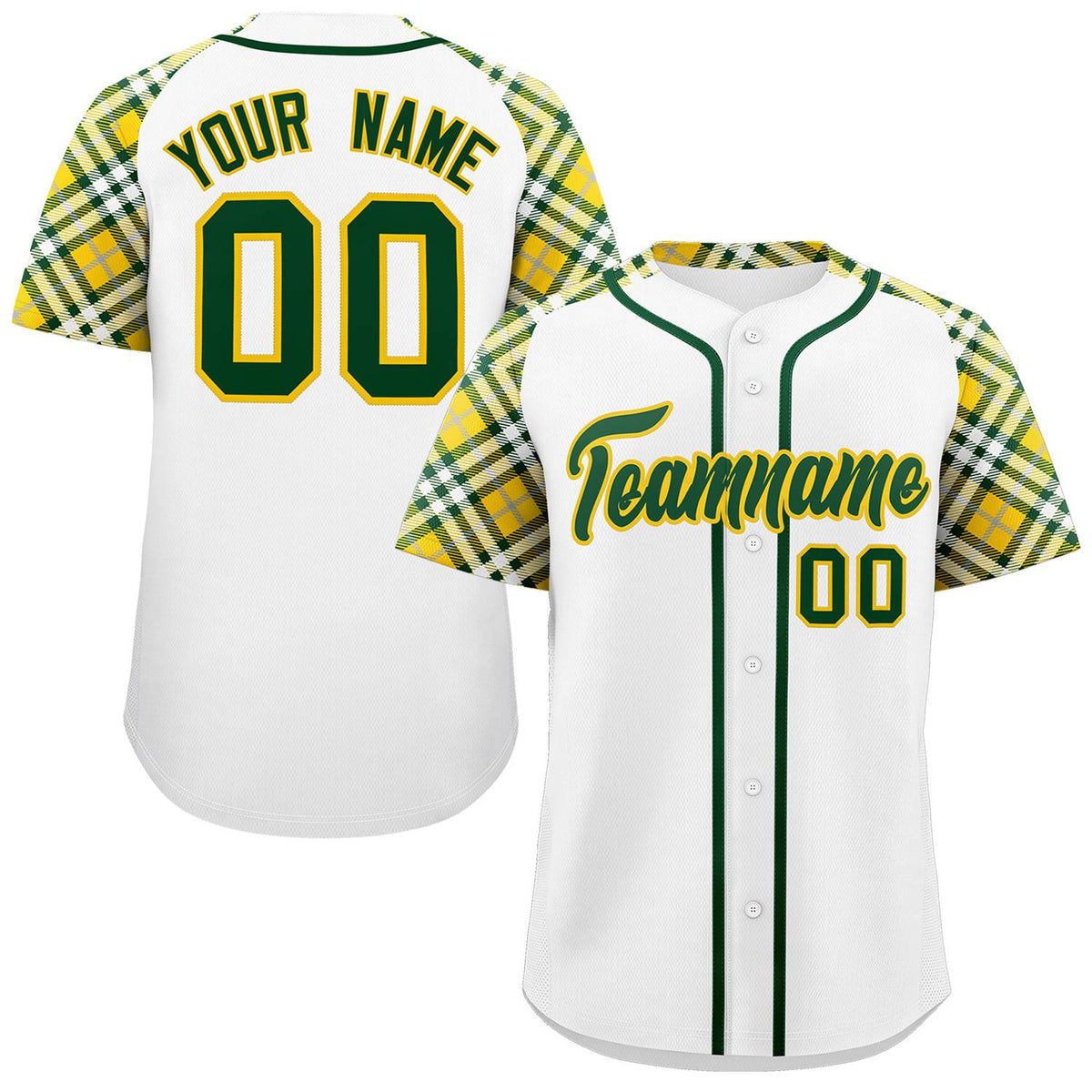 Custom White Green-Gold Personalized Raglan Sleeves Authentic Baseball Jersey | KXKSHOP