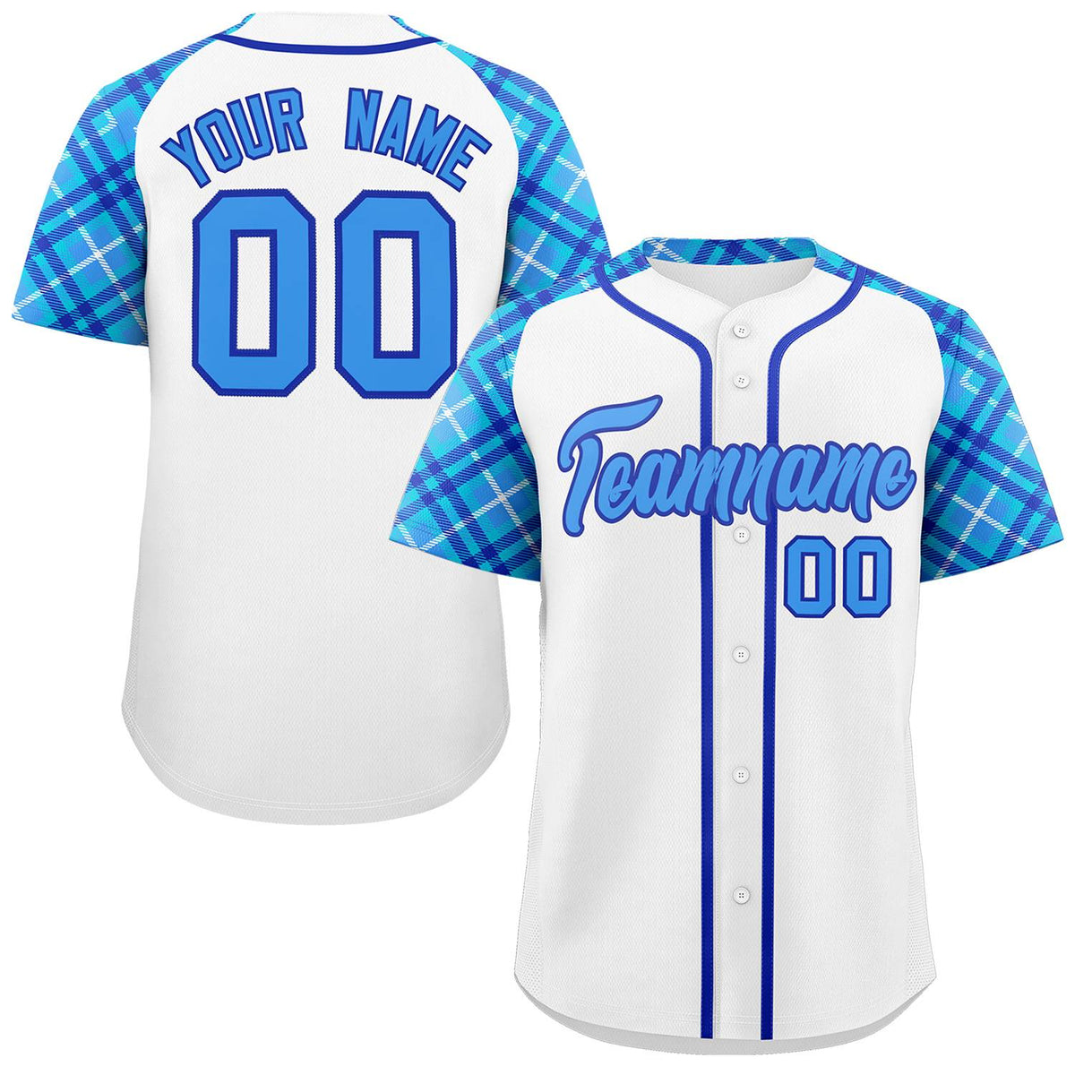 Custom White Powder Blue-Royal Personalized Raglan Sleeves Authentic Baseball Jersey | KXKSHOP