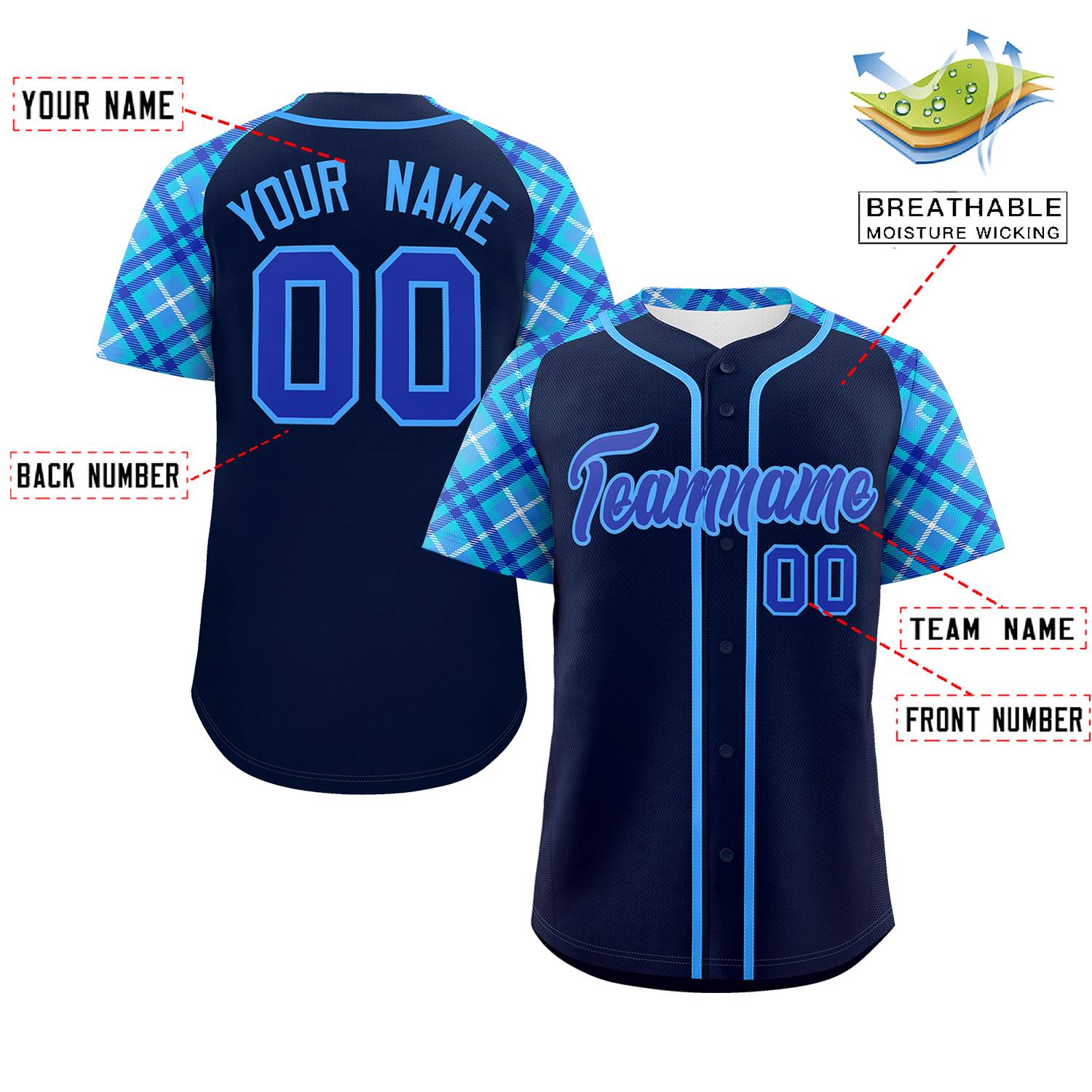 Custom Navy Royal-Powder Blue Personalized Raglan Sleeves Authentic Baseball Jersey | KXKSHOP