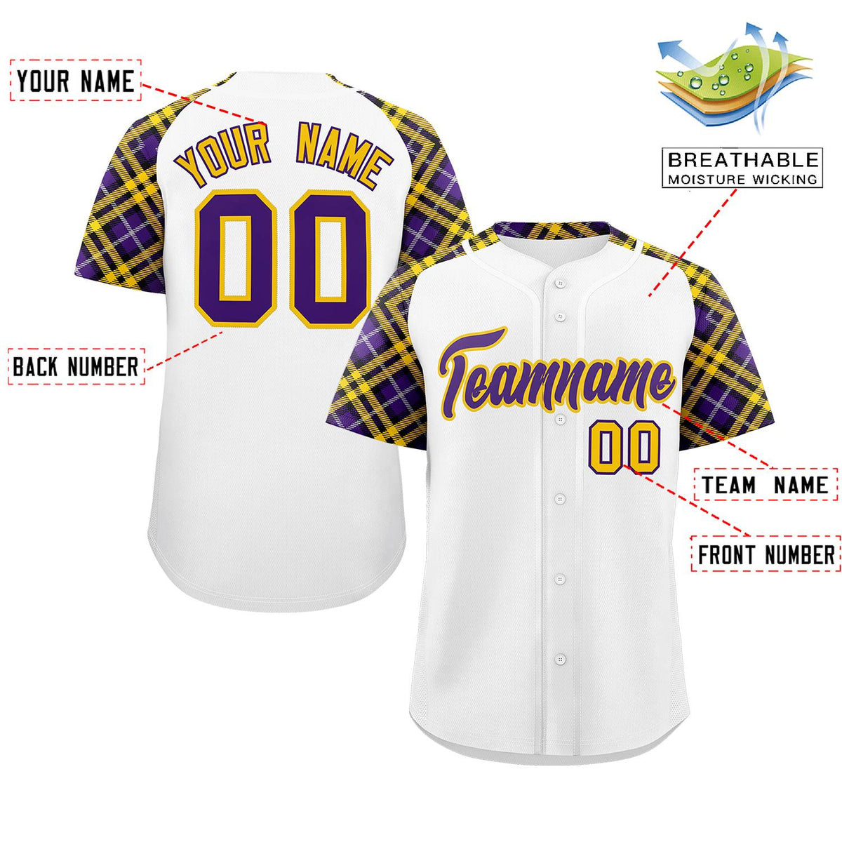 Custom White Purple-Gold Personalized Raglan Sleeves Authentic Baseball Jersey | KXKSHOP