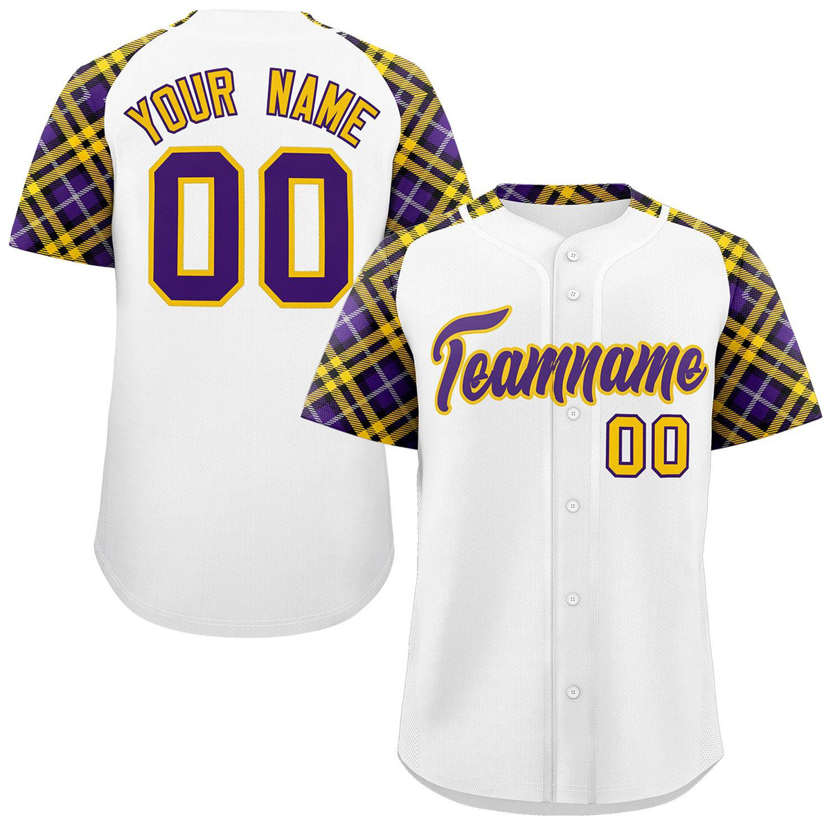 Custom White Purple-Gold Personalized Raglan Sleeves Authentic Baseball Jersey | KXKSHOP