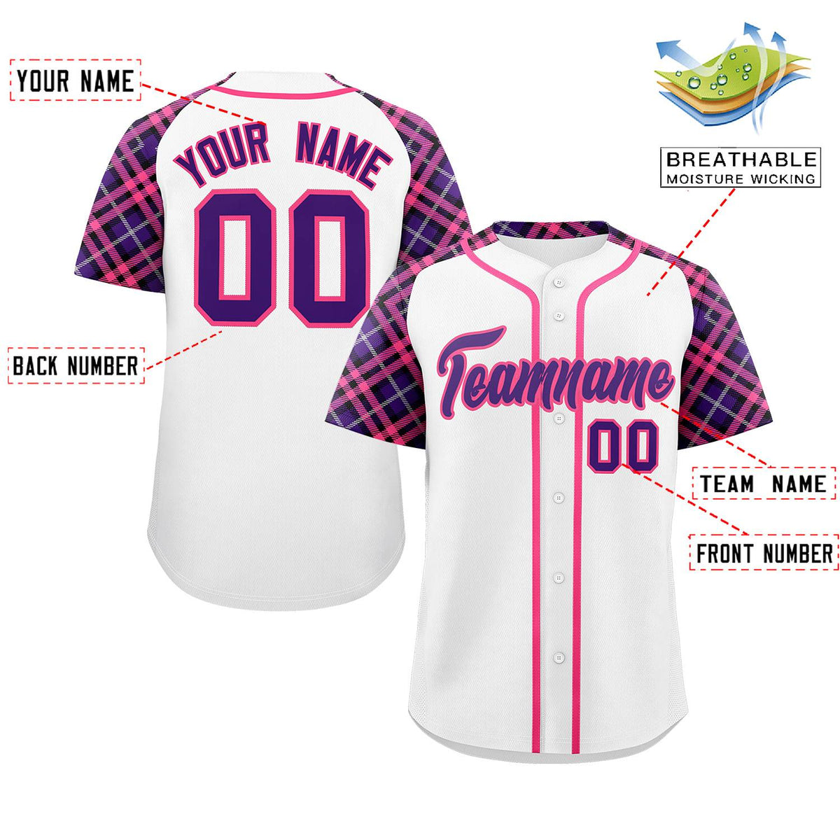 Custom White Purple-Pink Personalized Raglan Sleeves Authentic Baseball Jersey | KXKSHOP