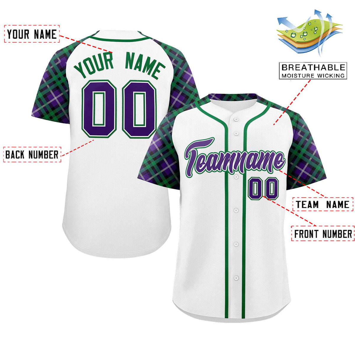 Custom White Purple-Kelly Green Personalized Raglan Sleeves Authentic Baseball Jersey | KXKSHOP