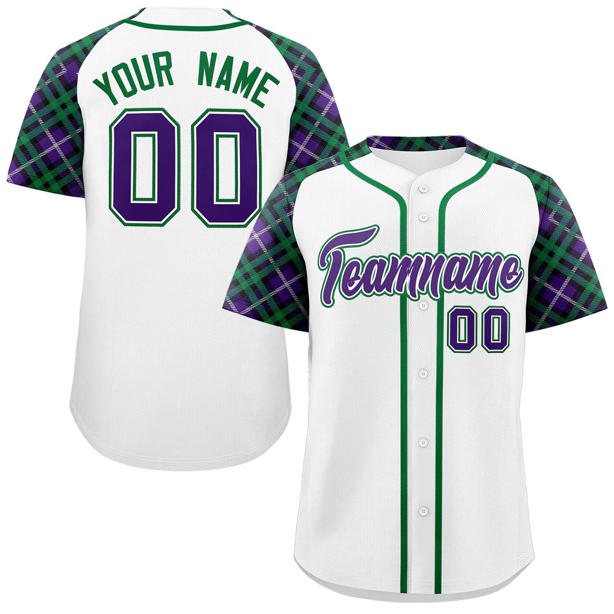 Custom White Purple-Kelly Green Personalized Raglan Sleeves Authentic Baseball Jersey | KXKSHOP