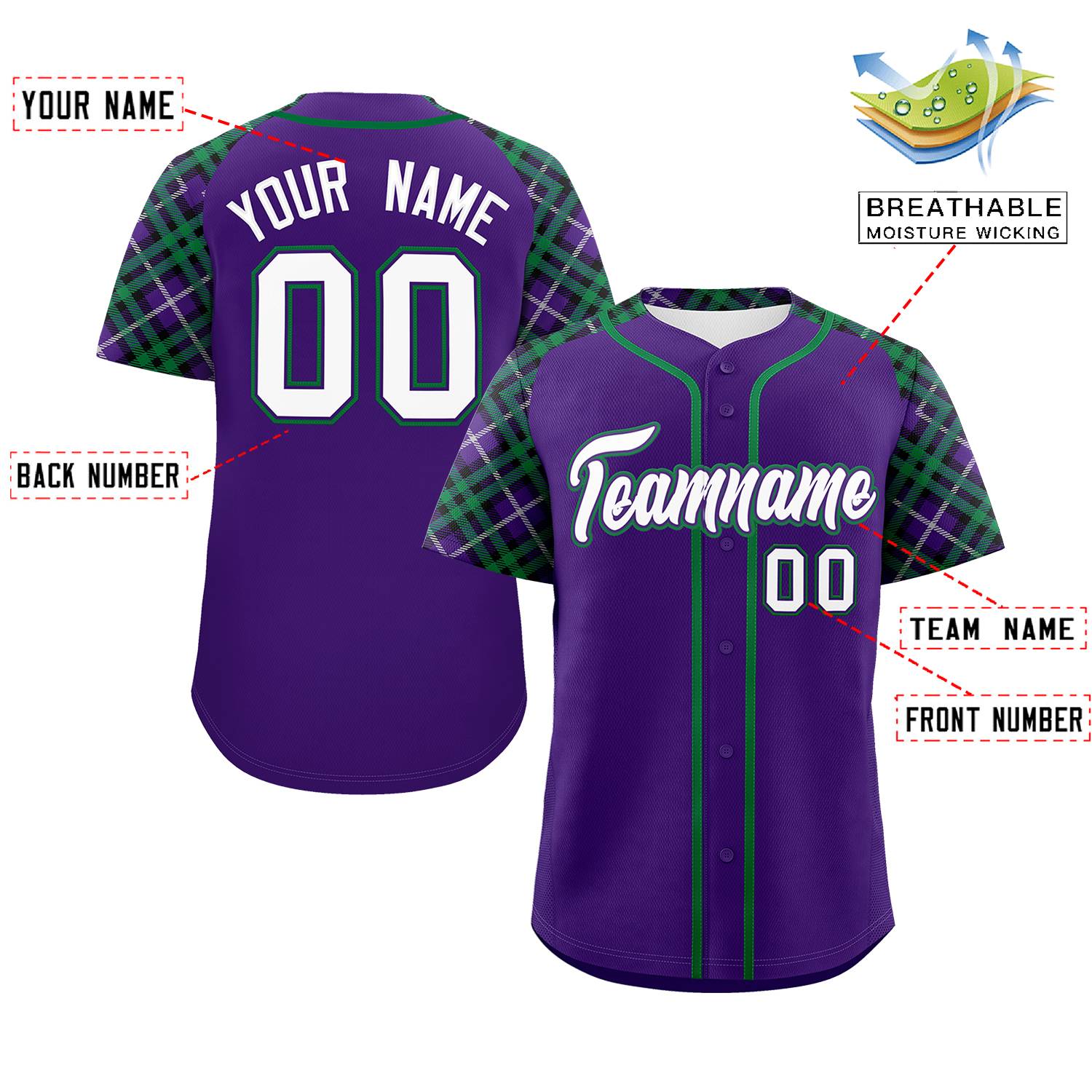 Custom Purple White-Kelly Green Personalized Raglan Sleeves Authentic Baseball Jersey | KXKSHOP