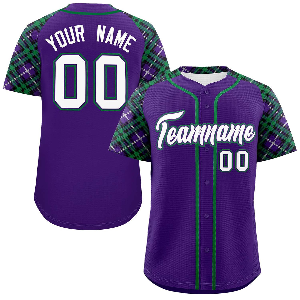 Custom Purple White-Kelly Green Personalized Raglan Sleeves Authentic Baseball Jersey | KXKSHOP