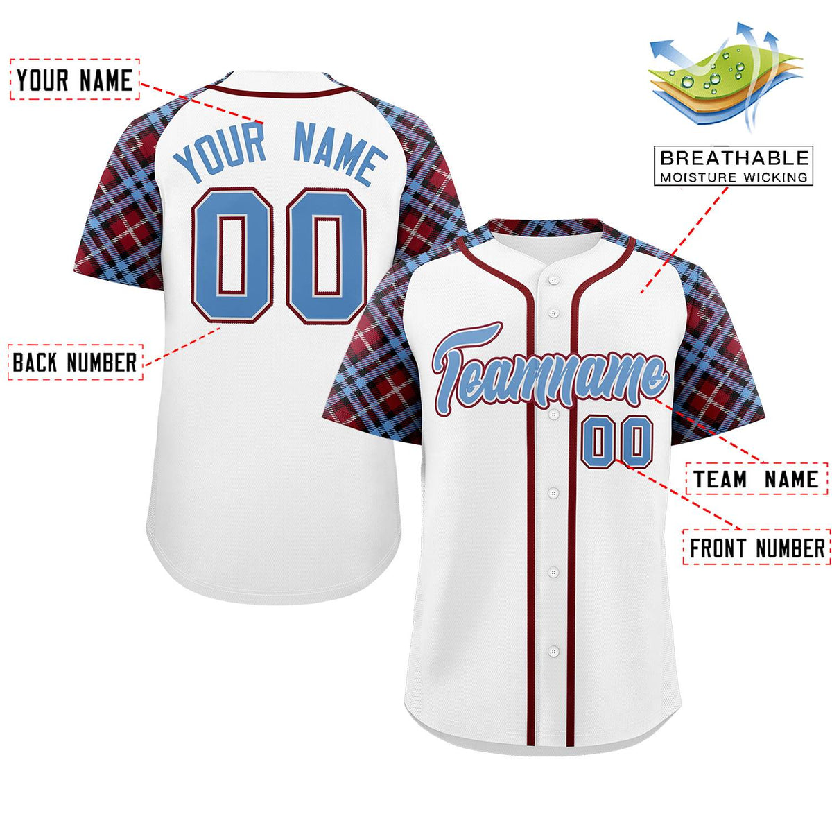 Custom White Light Blue-Crimson Personalized Raglan Sleeves Authentic Baseball Jersey | KXKSHOP