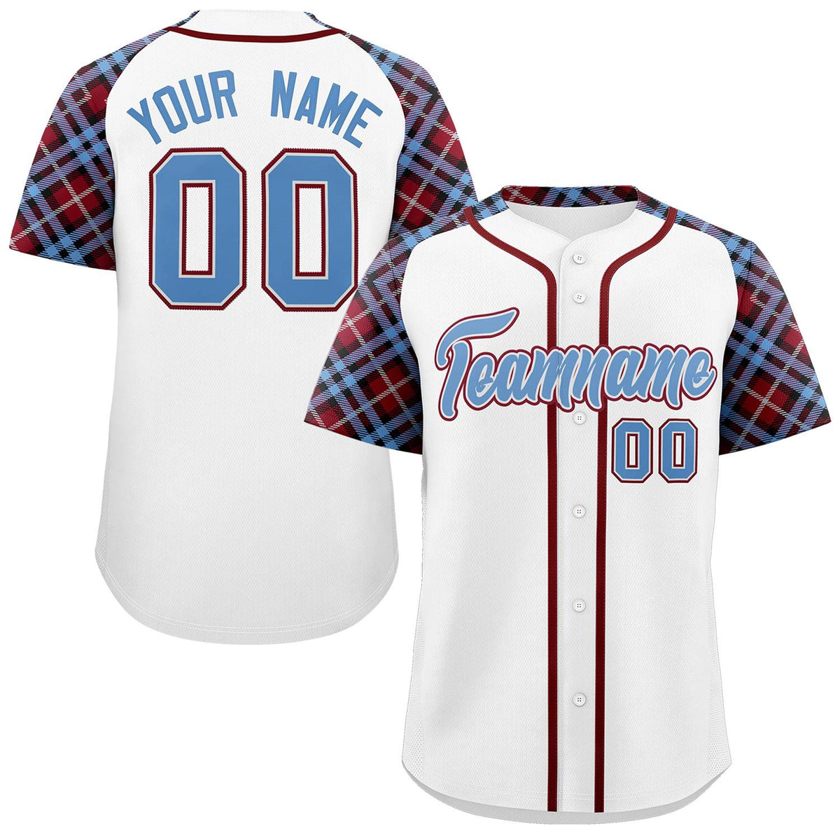 Custom White Light Blue-Crimson Personalized Raglan Sleeves Authentic Baseball Jersey | KXKSHOP