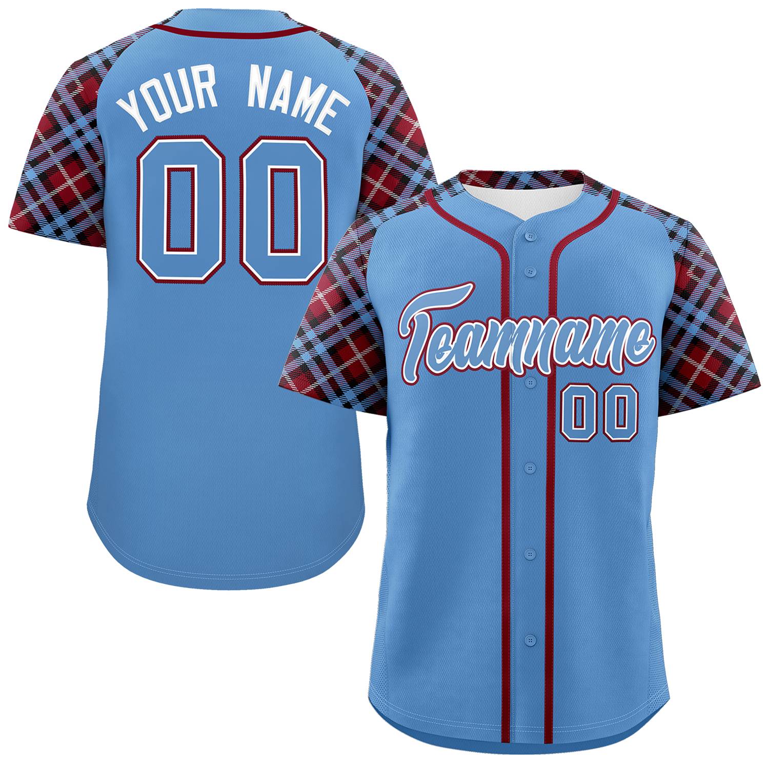 Custom Light Blue-Crimson Personalized Raglan Sleeves Authentic Baseball Jersey | KXKSHOP