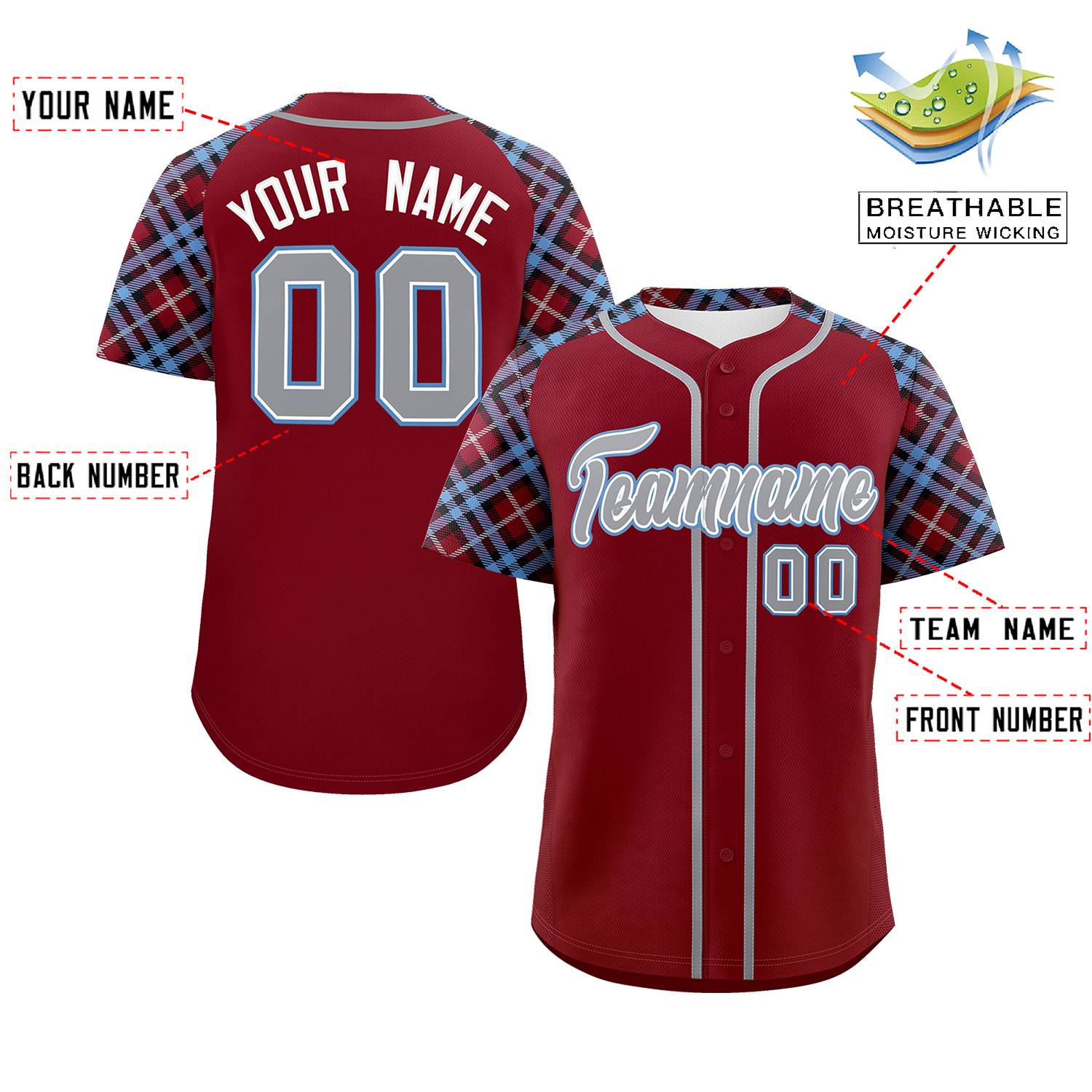 Custom Crimson Gray-Light Blue Personalized Raglan Sleeves Authentic Baseball Jersey | KXKSHOP