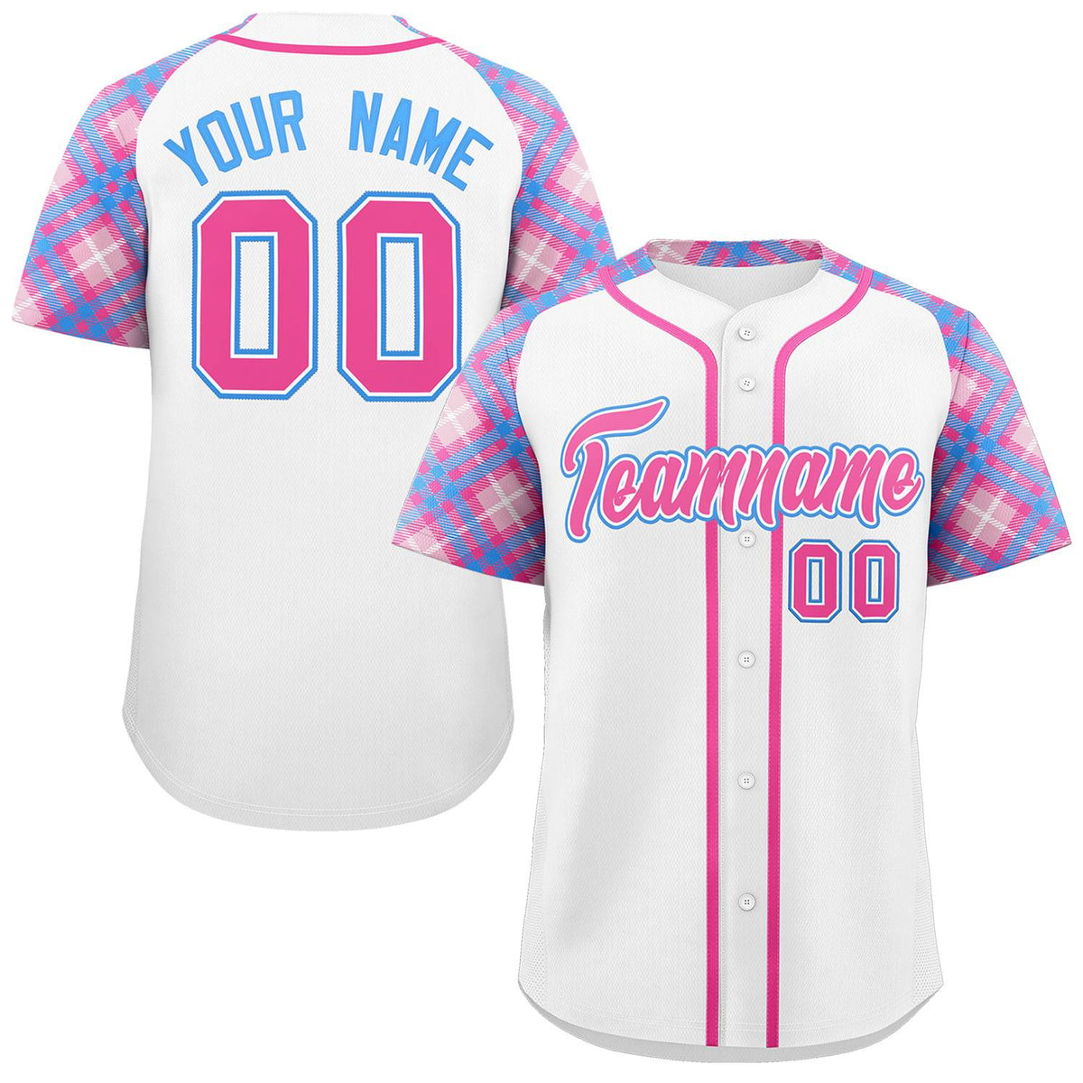 Custom White Pink-Powder Blue Personalized Raglan Sleeves Authentic Baseball Jersey | KXKSHOP
