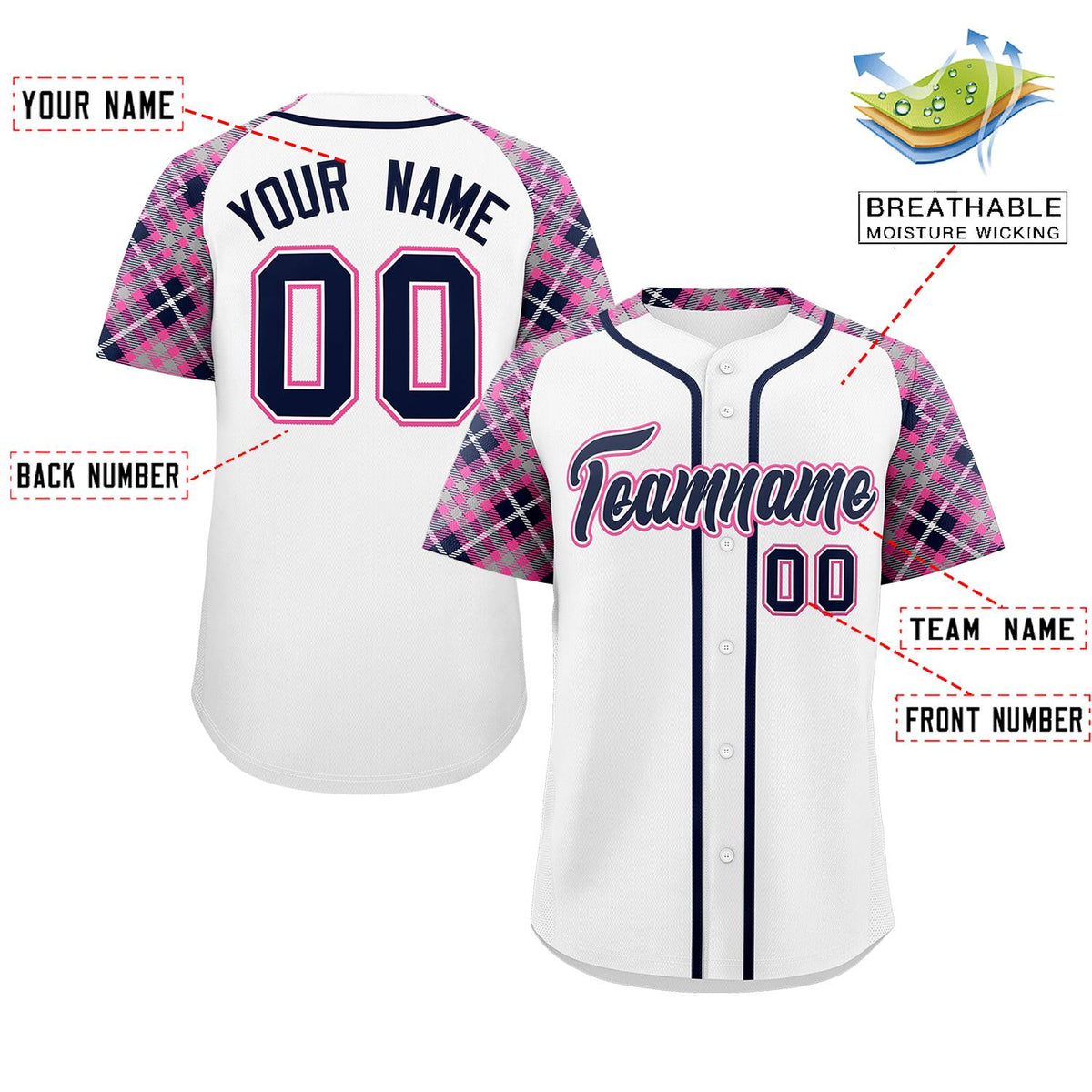 Custom White Navy-Pink Personalized Raglan Sleeves Authentic Baseball Jersey | KXKSHOP