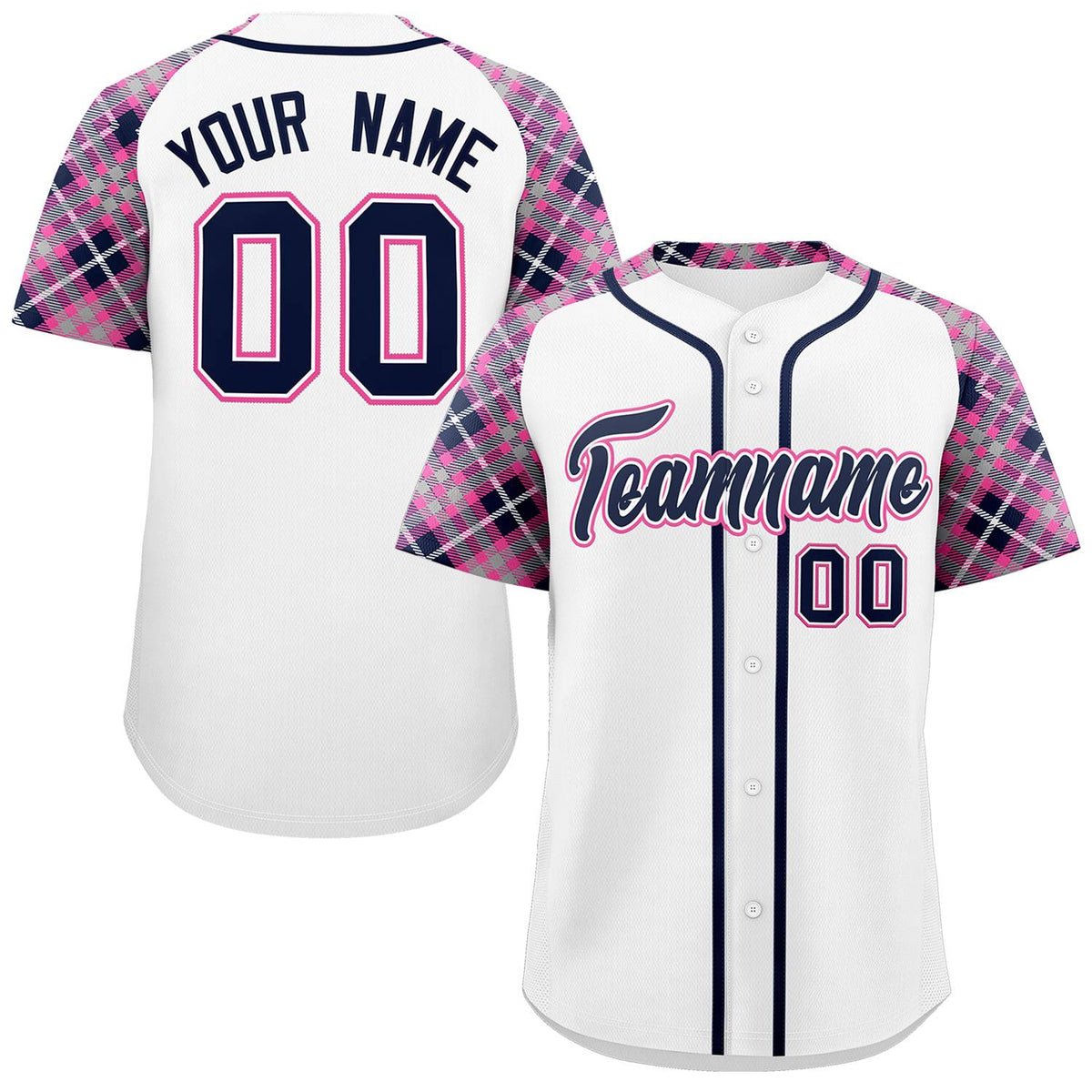 Custom White Navy-Pink Personalized Raglan Sleeves Authentic Baseball Jersey | KXKSHOP
