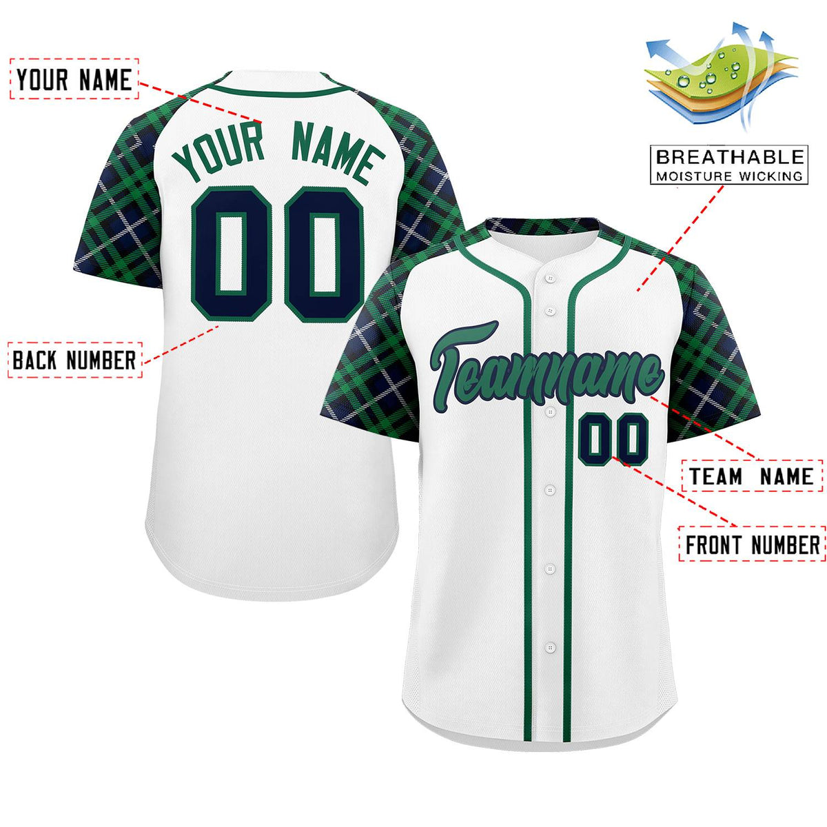 Custom White Kelly Green-Navy Personalized Raglan Sleeves Authentic Baseball Jersey | KXKSHOP