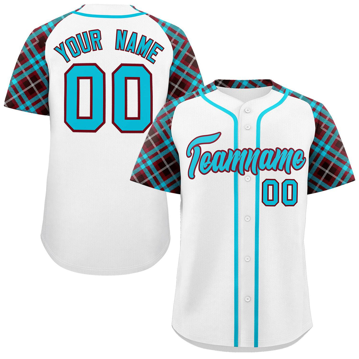 Custom White Sky Blue-Crimson Personalized Raglan Sleeves Authentic Baseball Jersey | KXKSHOP