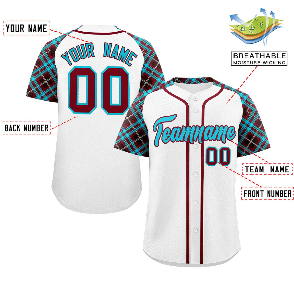 Custom White Sky Blue-Crimson Personalized Raglan Sleeves Authentic Baseball Jersey | KXKSHOP