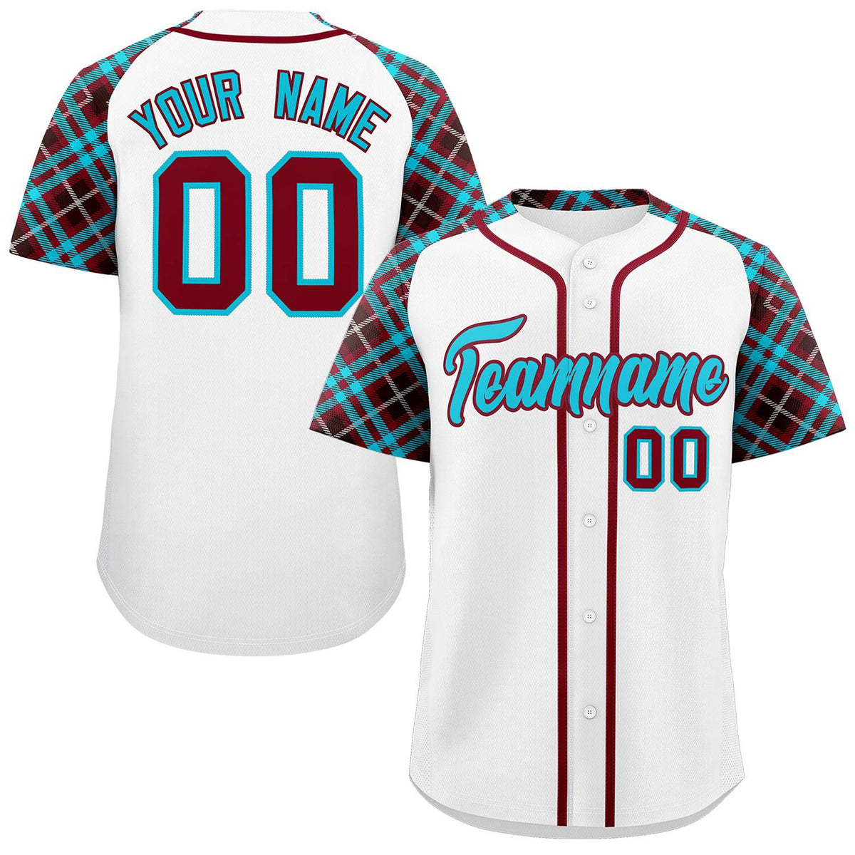 Custom White Sky Blue-Crimson Personalized Raglan Sleeves Authentic Baseball Jersey | KXKSHOP