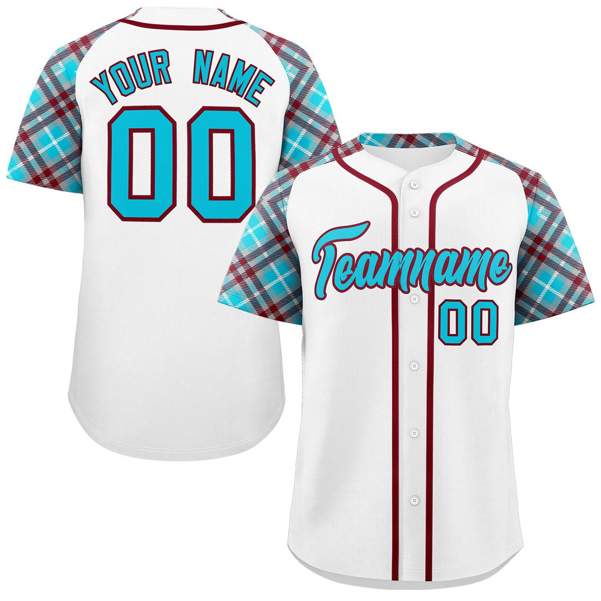 Custom White Sky Blue-Crimson Personalized Raglan Sleeves Authentic Baseball Jersey | KXKSHOP