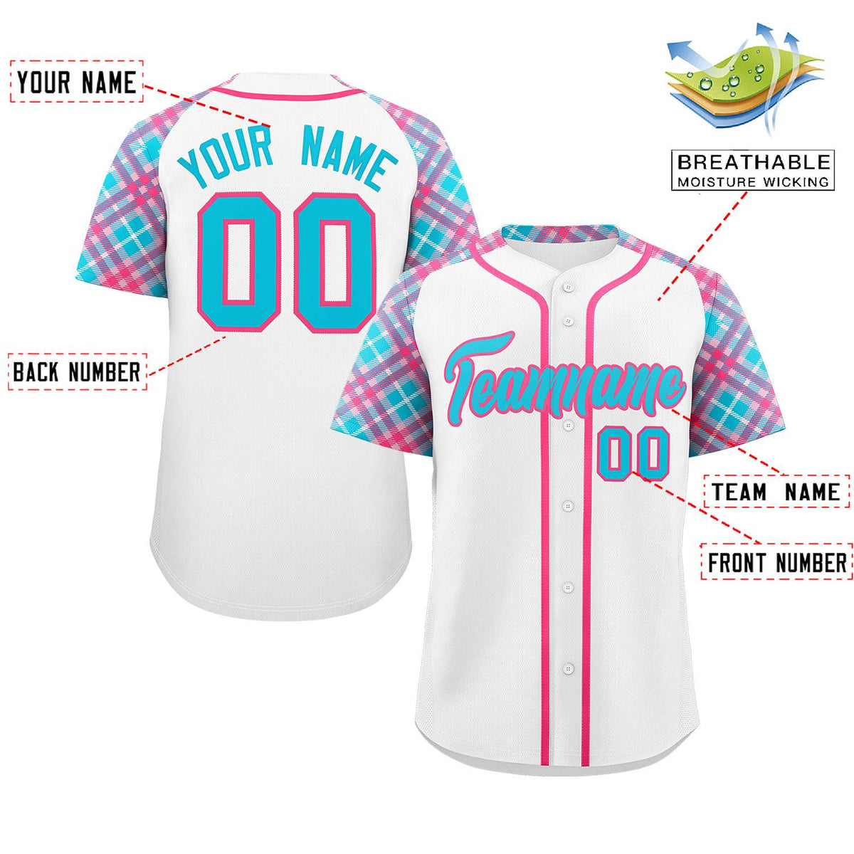 Custom White Powder Blue-Pink Personalized Raglan Sleeves Authentic Baseball Jersey | KXKSHOP