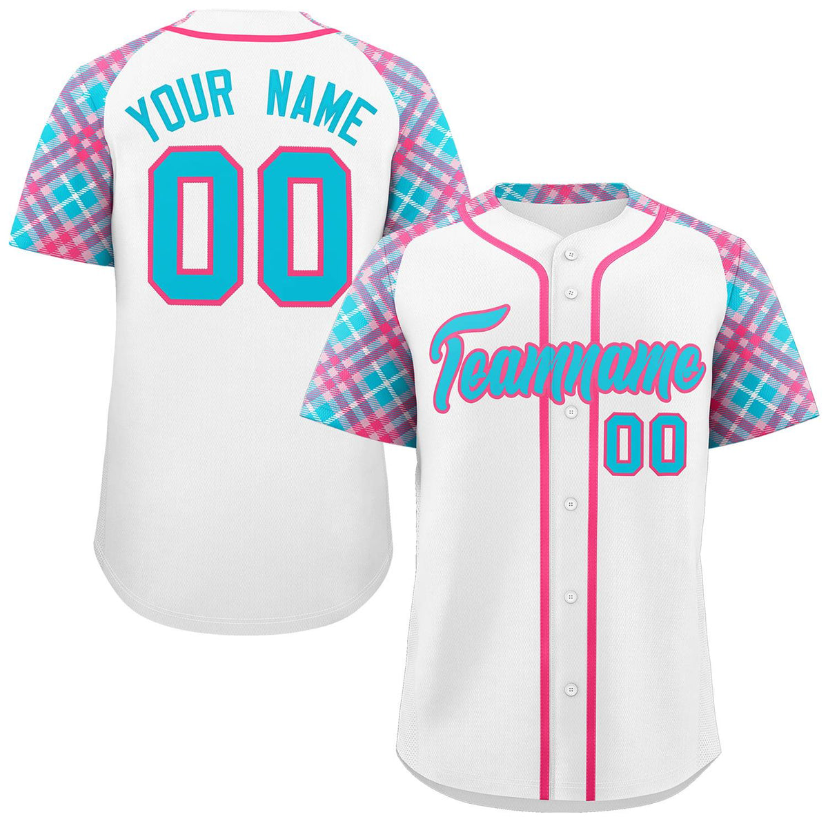 Custom White Powder Blue-Pink Personalized Raglan Sleeves Authentic Baseball Jersey | KXKSHOP