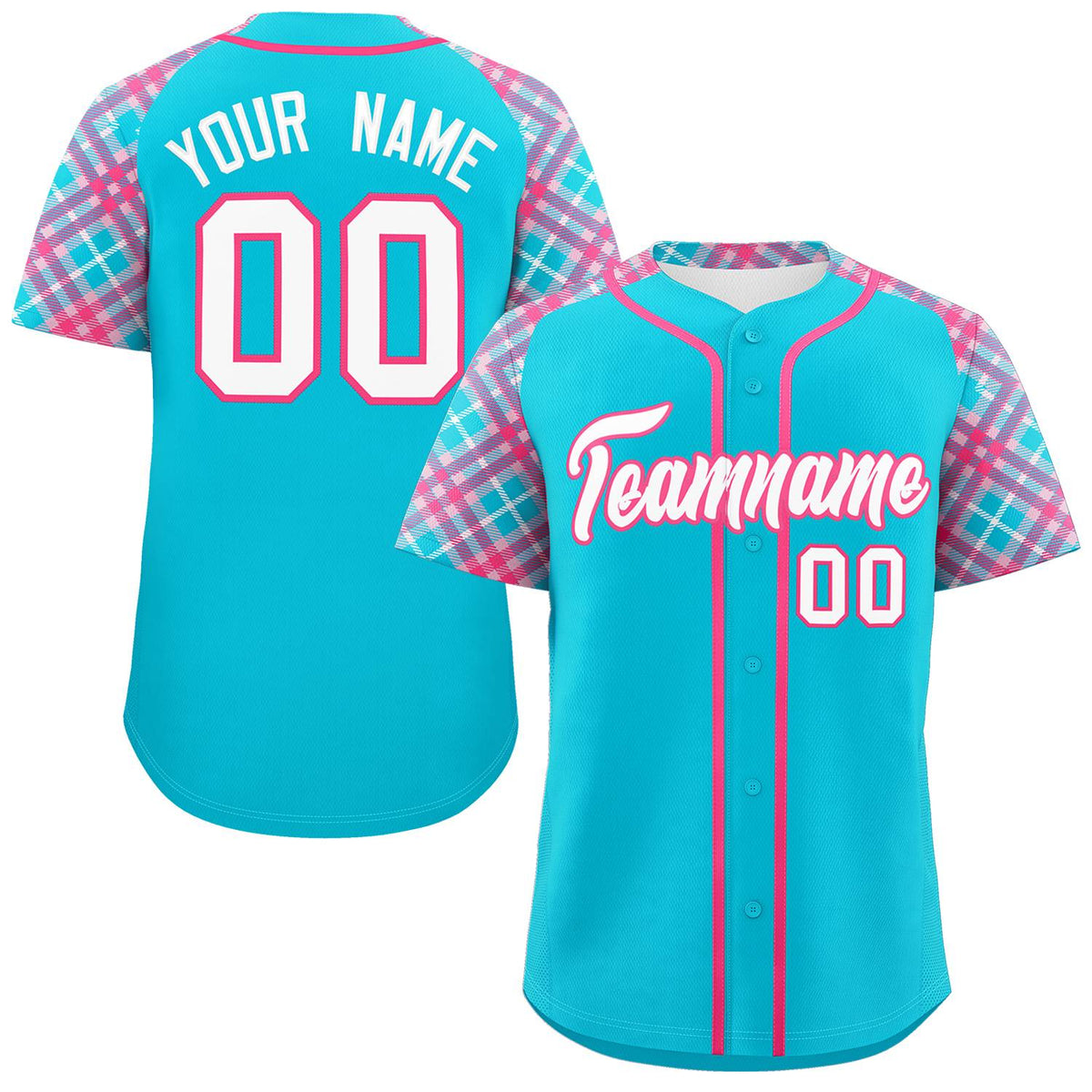 Custom Sky Blue White-Pink Personalized Raglan Sleeves Authentic Baseball Jersey | KXKSHOP