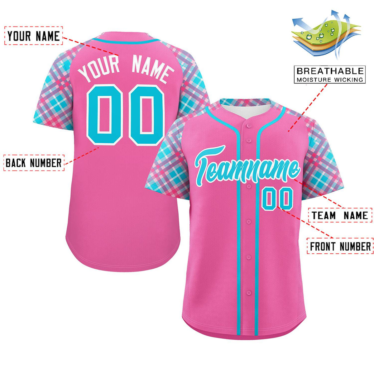 Custom Pink Sky Blue-White Personalized Raglan Sleeves Authentic Baseball Jersey | KXKSHOP