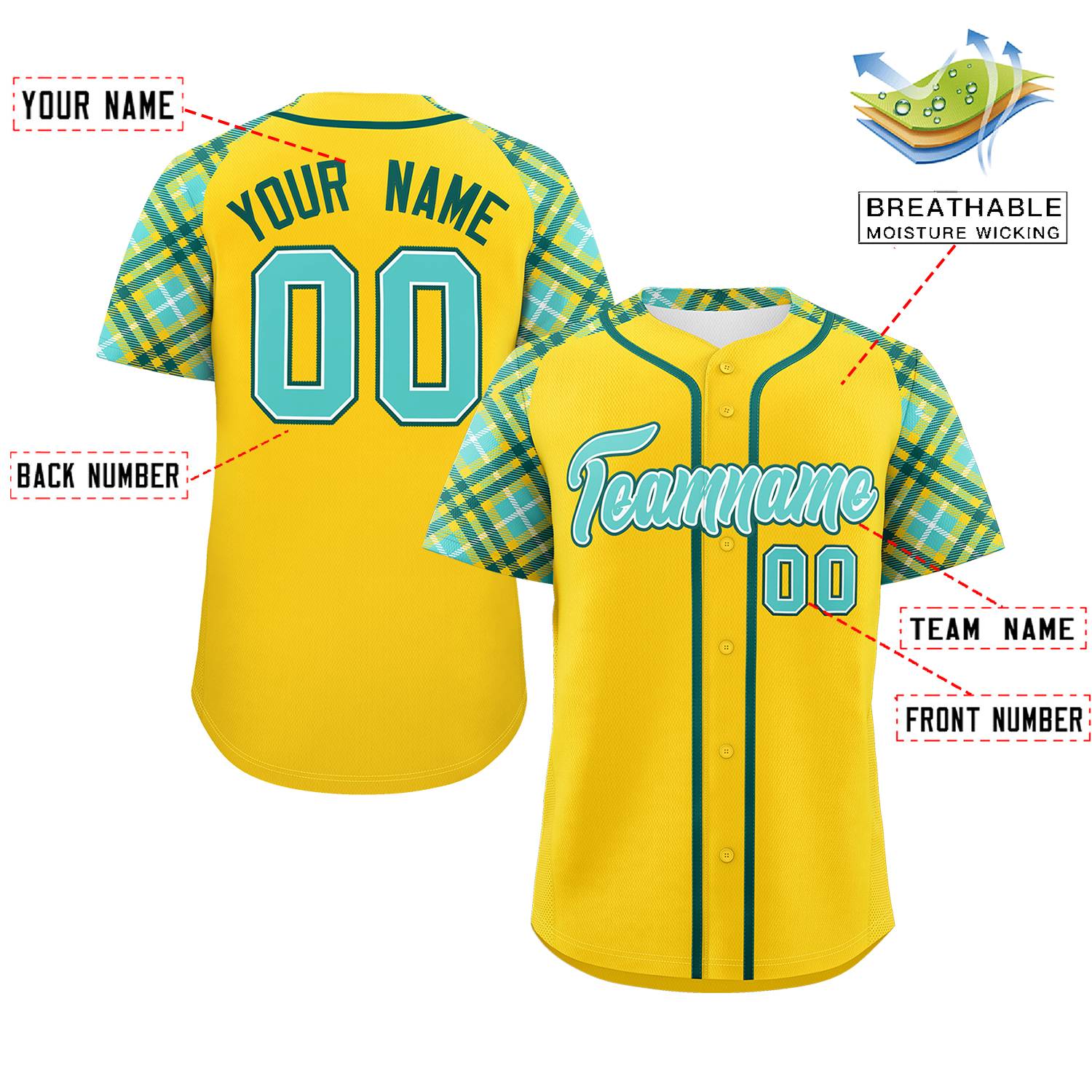 Custom Gold Bright Green-Midnight Green Personalized Raglan Sleeves Authentic Baseball Jersey | KXKSHOP