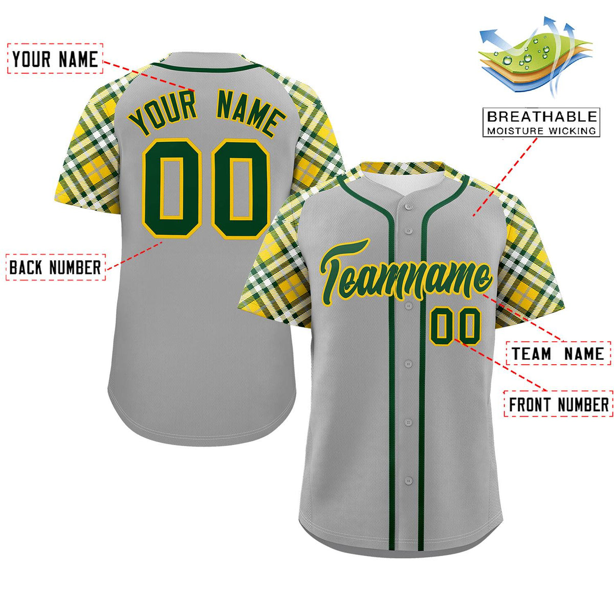 Custom Gray Green-Gold Personalized Raglan Sleeves Authentic Baseball Jersey | KXKSHOP