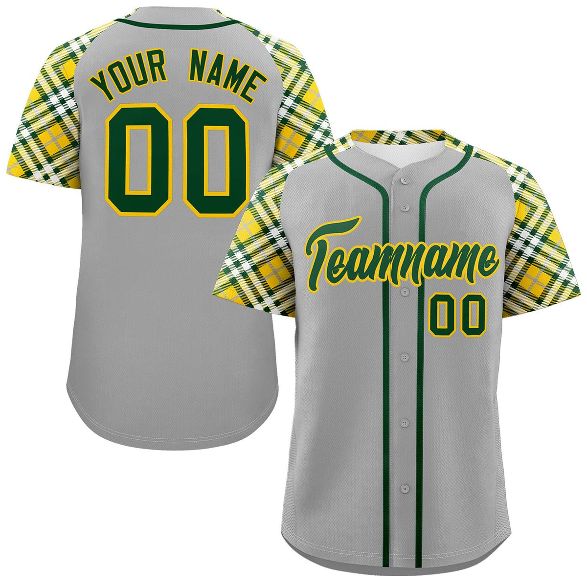Custom Gray Green-Gold Personalized Raglan Sleeves Authentic Baseball Jersey | KXKSHOP