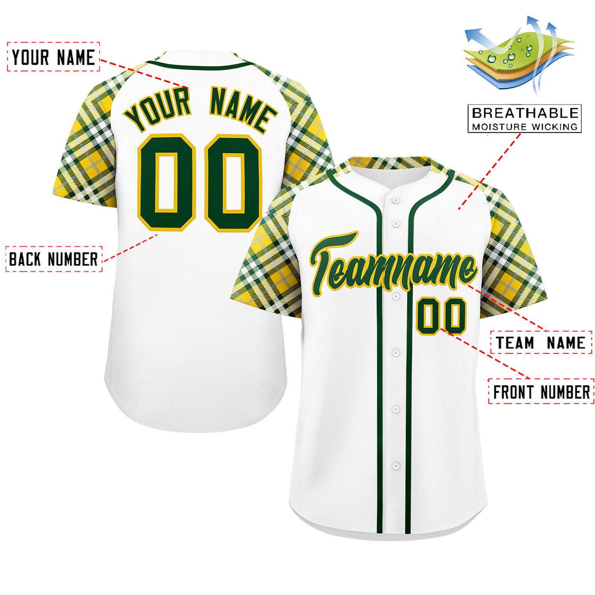 Custom White Green-Gold Personalized Raglan Sleeves Authentic Baseball Jersey | KXKSHOP