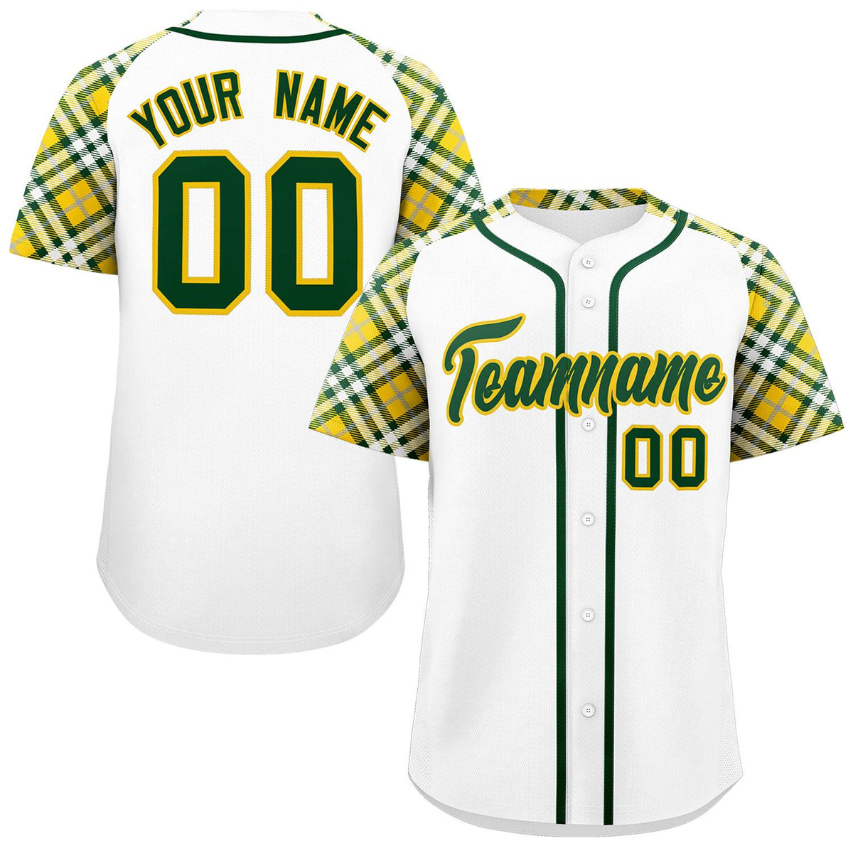 Custom White Green-Gold Personalized Raglan Sleeves Authentic Baseball Jersey | KXKSHOP