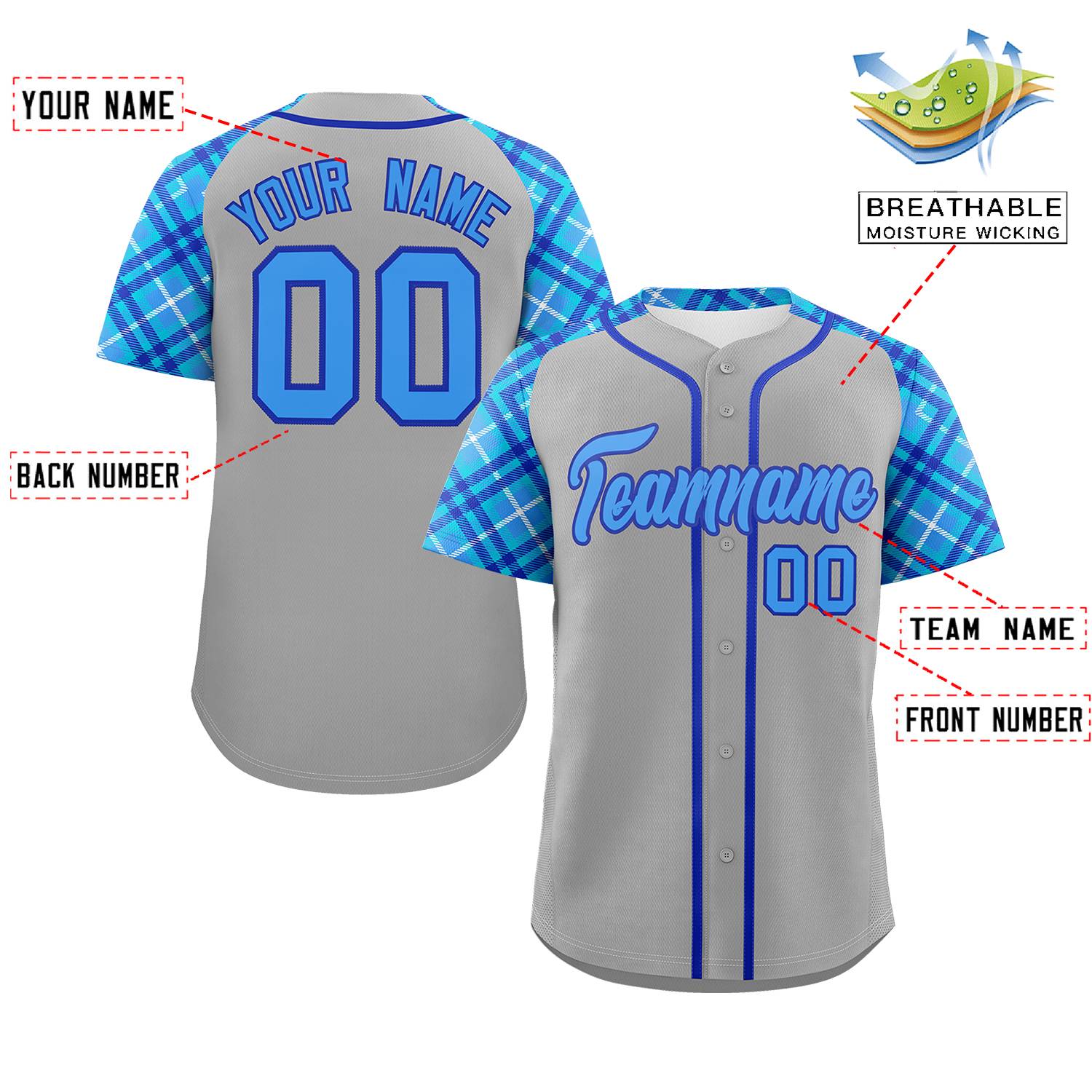 Custom Gray Powder Blue-Royal Personalized Raglan Sleeves Authentic Baseball Jersey | KXKSHOP