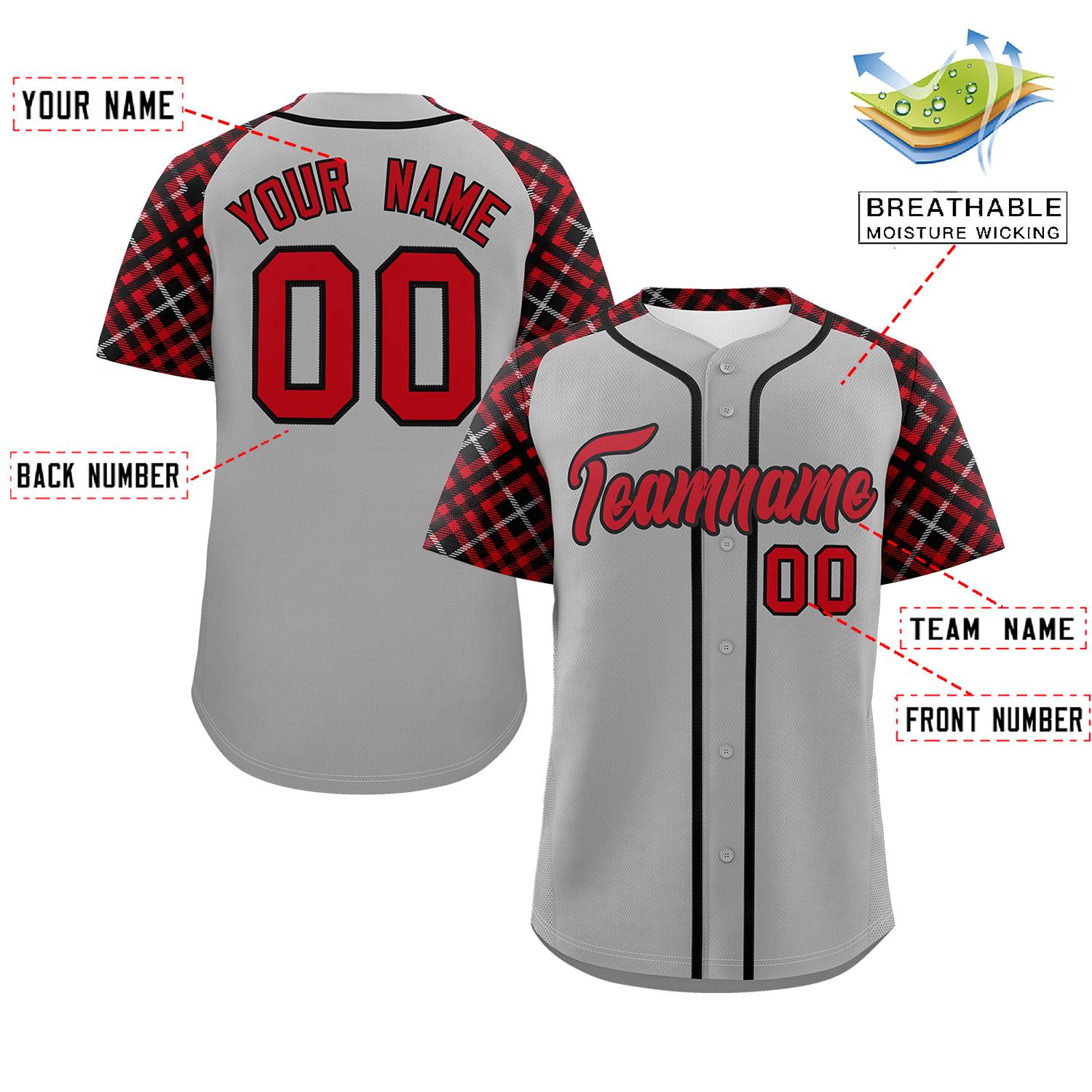 Custom Gray Red-Black Personalized Raglan Sleeves Authentic Baseball Jersey | KXKSHOP