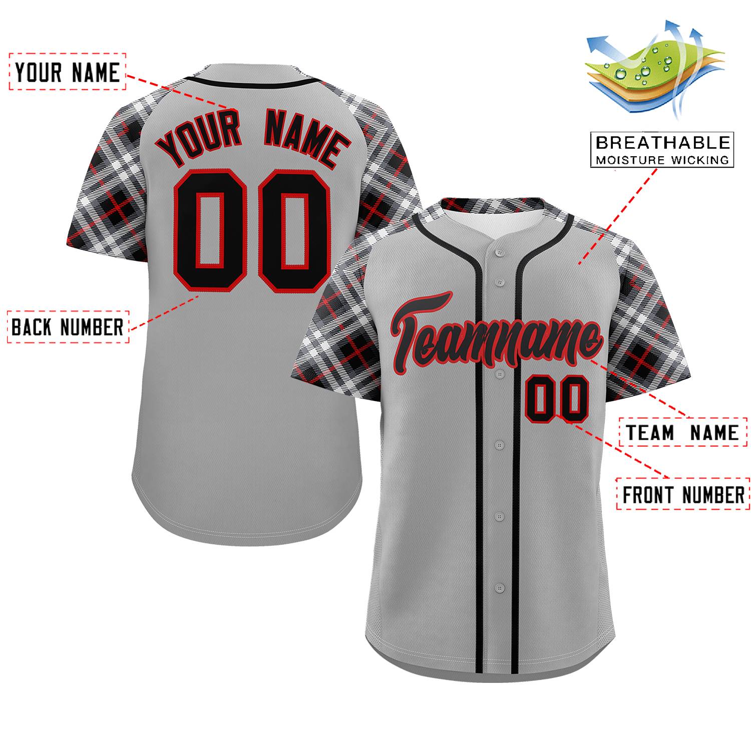 Custom Gray Black-Red Personalized Raglan Sleeves Authentic Baseball Jersey | KXKSHOP