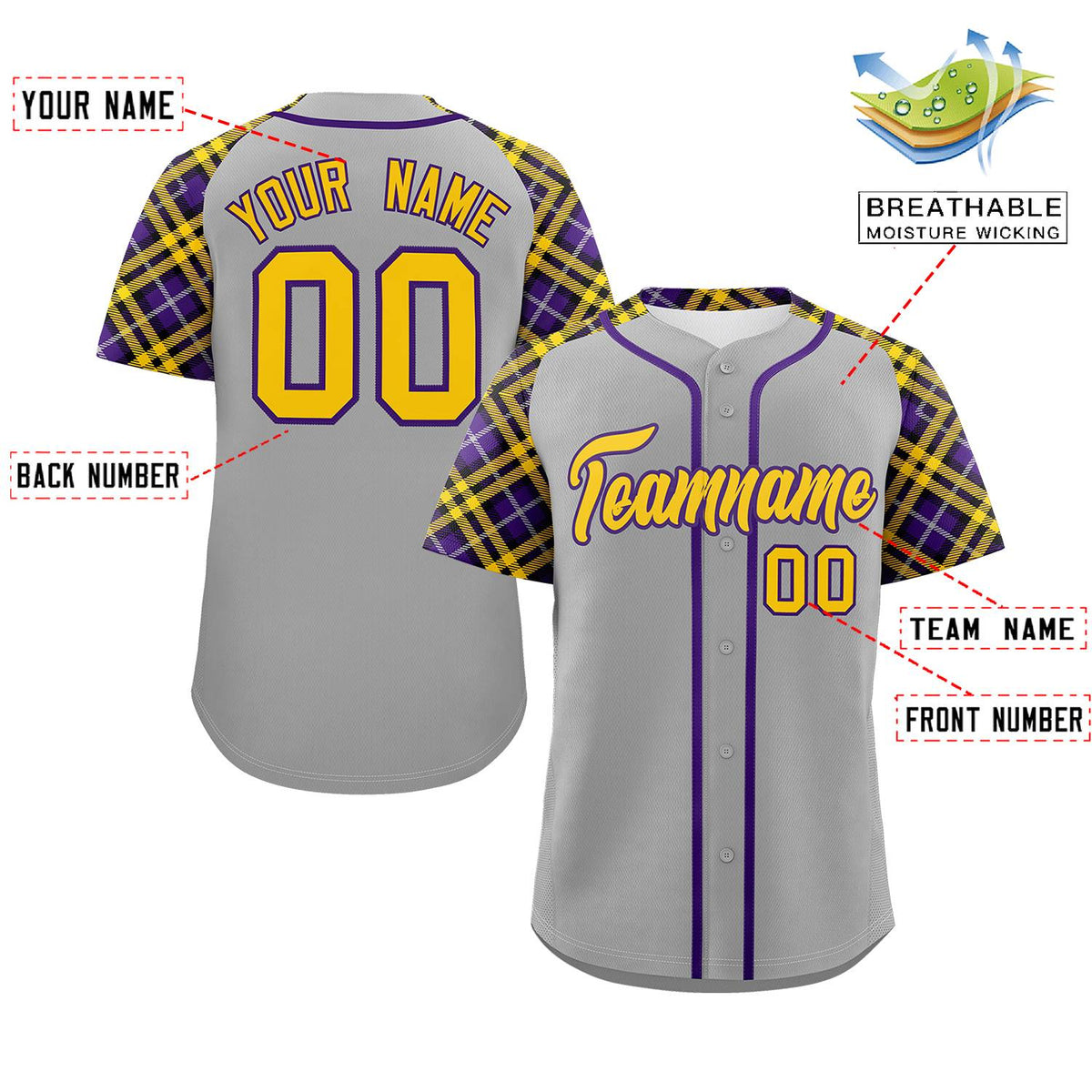 Custom Gray Gold-Purple Personalized Raglan Sleeves Authentic Baseball Jersey | KXKSHOP