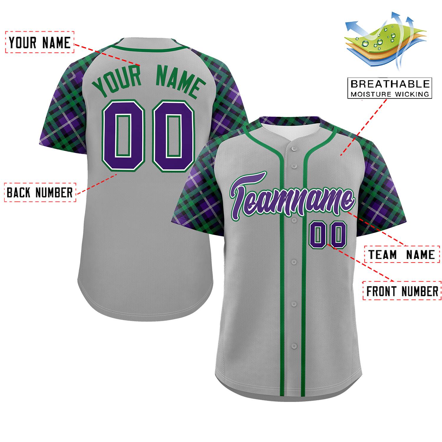 Custom Gray Purple-Kelly Green Personalized Raglan Sleeves Authentic Baseball Jersey | KXKSHOP