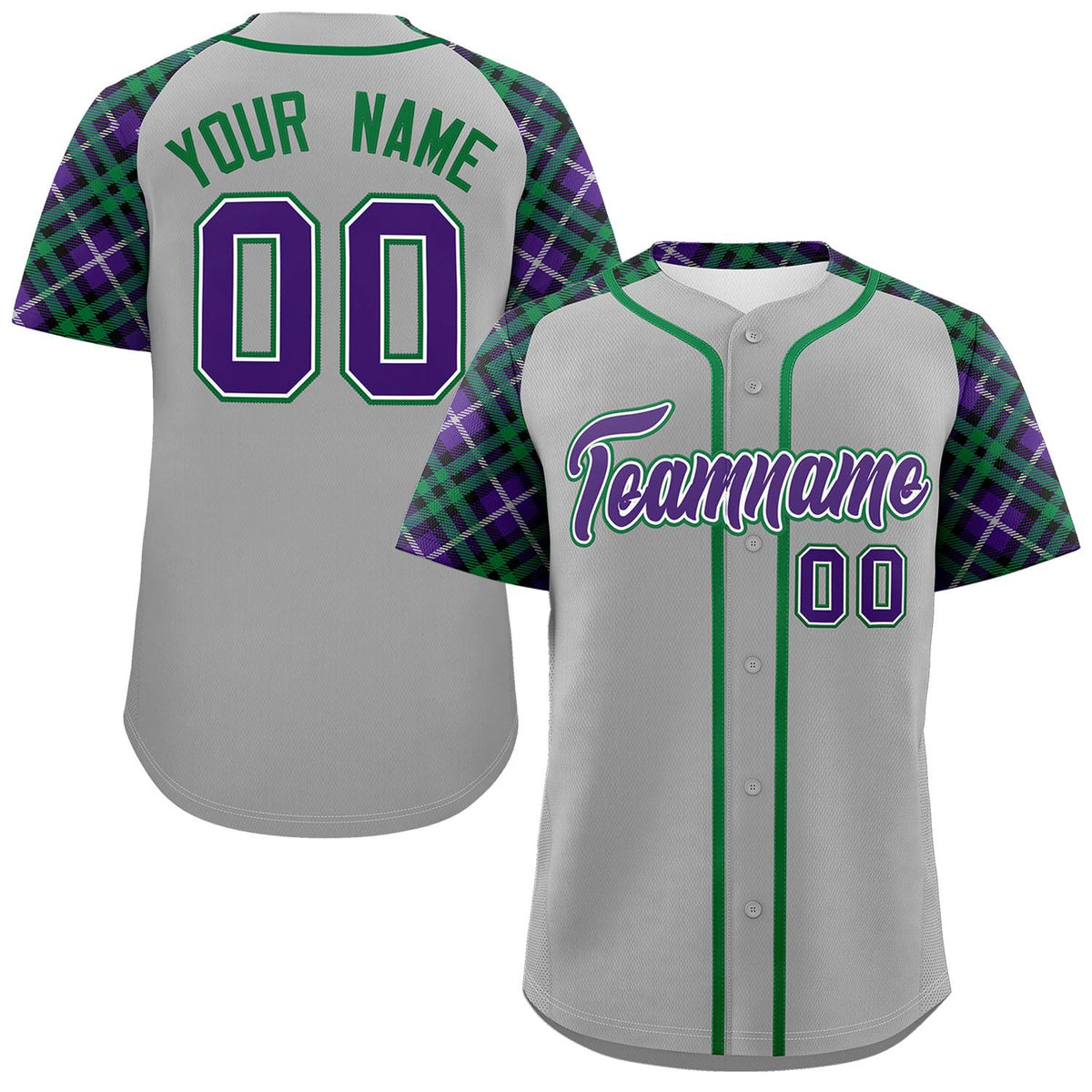Custom Gray Purple-Kelly Green Personalized Raglan Sleeves Authentic Baseball Jersey | KXKSHOP