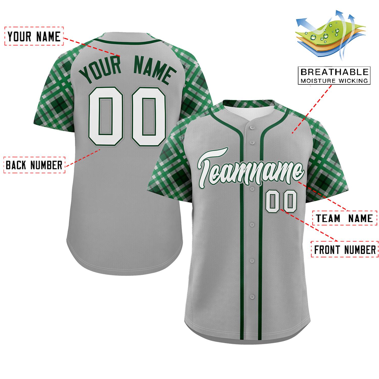 Custom Gray White-Kelly Green Personalized Raglan Sleeves Authentic Baseball Jersey | KXKSHOP