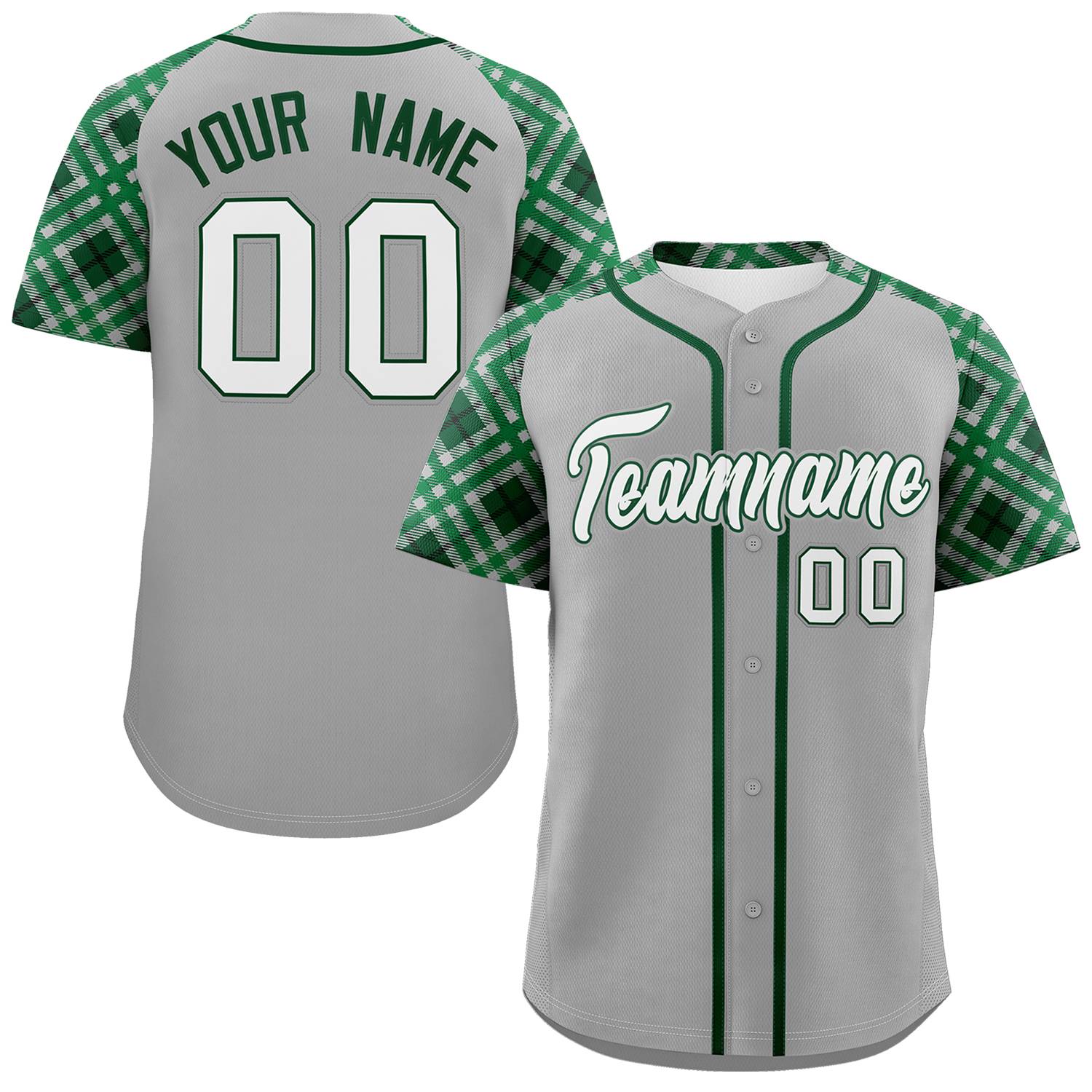 Custom Gray White-Kelly Green Personalized Raglan Sleeves Authentic Baseball Jersey | KXKSHOP