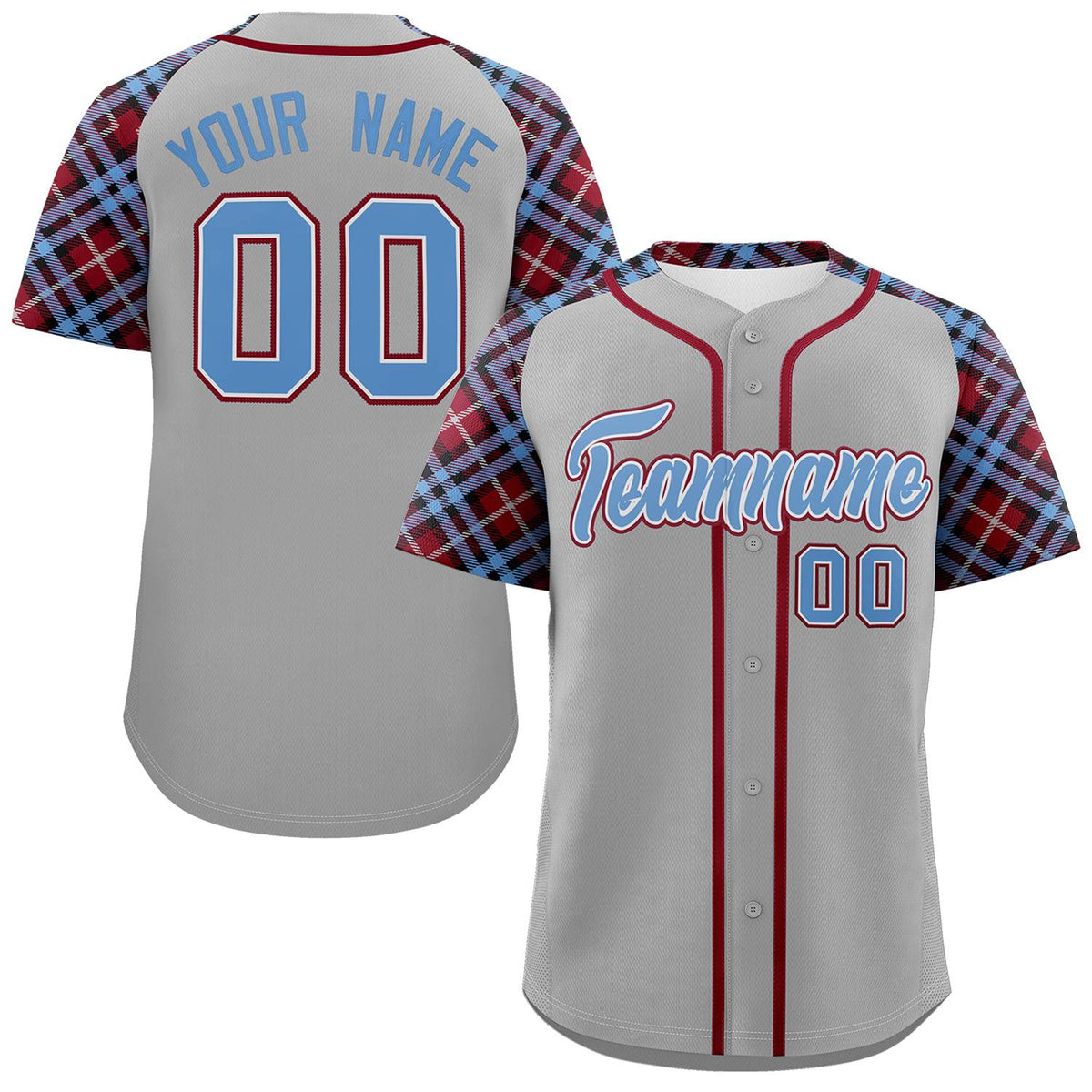 Custom Gray Light Blue-Crimson Personalized Raglan Sleeves Authentic Baseball Jersey | KXKSHOP