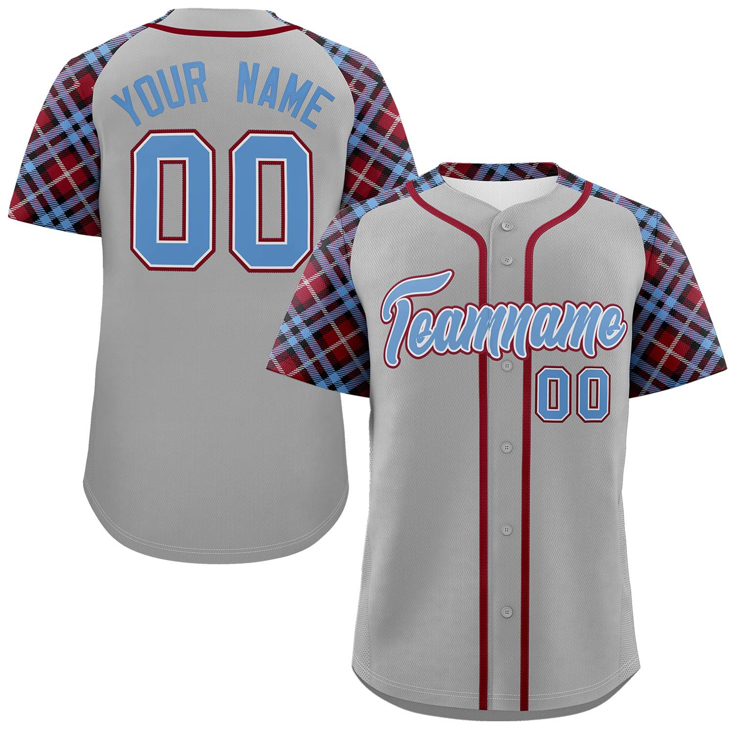 Custom Gray Light Blue-Crimson Personalized Raglan Sleeves Authentic Baseball Jersey | KXKSHOP