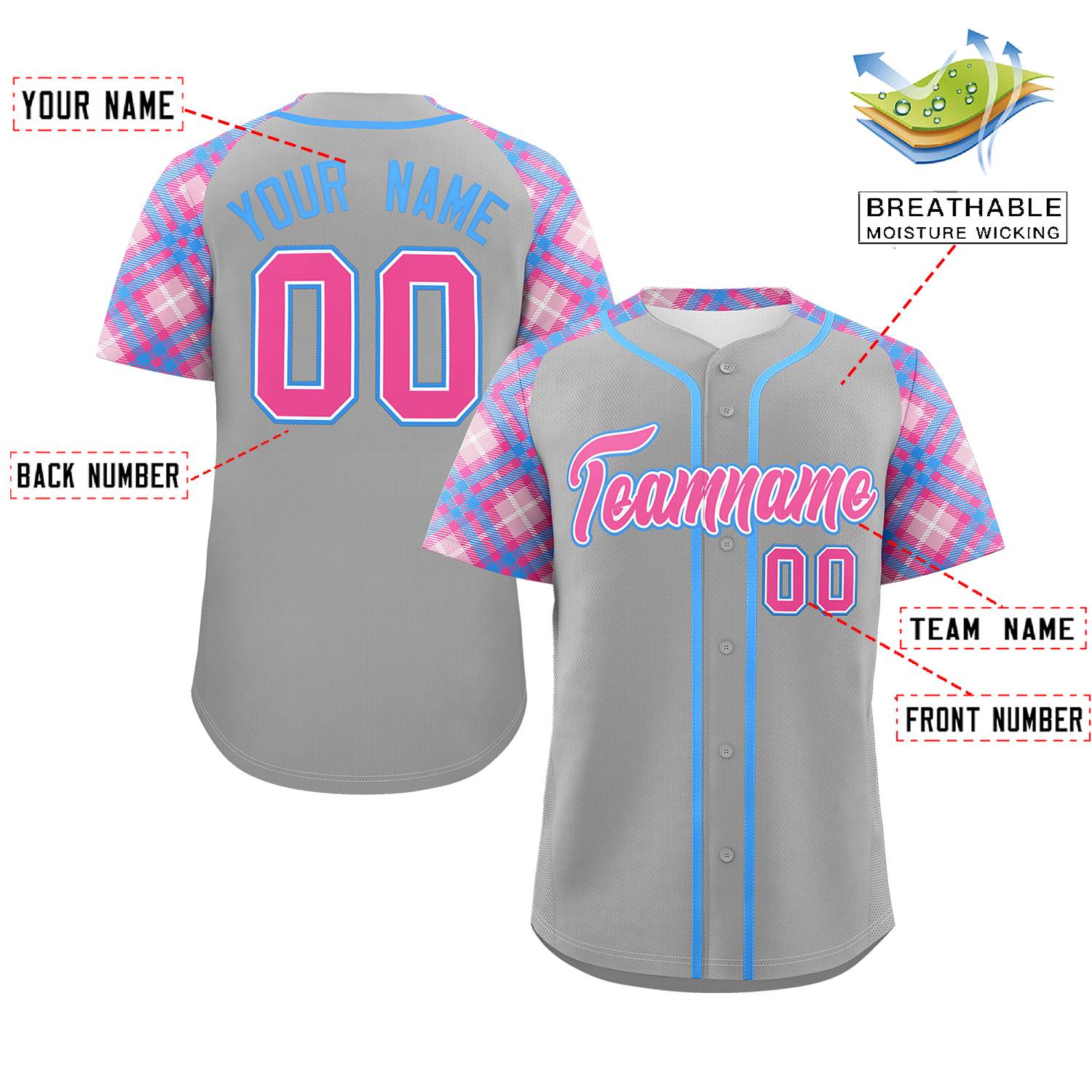 Custom Gray Pink-Light Blue Personalized Raglan Sleeves Authentic Baseball Jersey | KXKSHOP