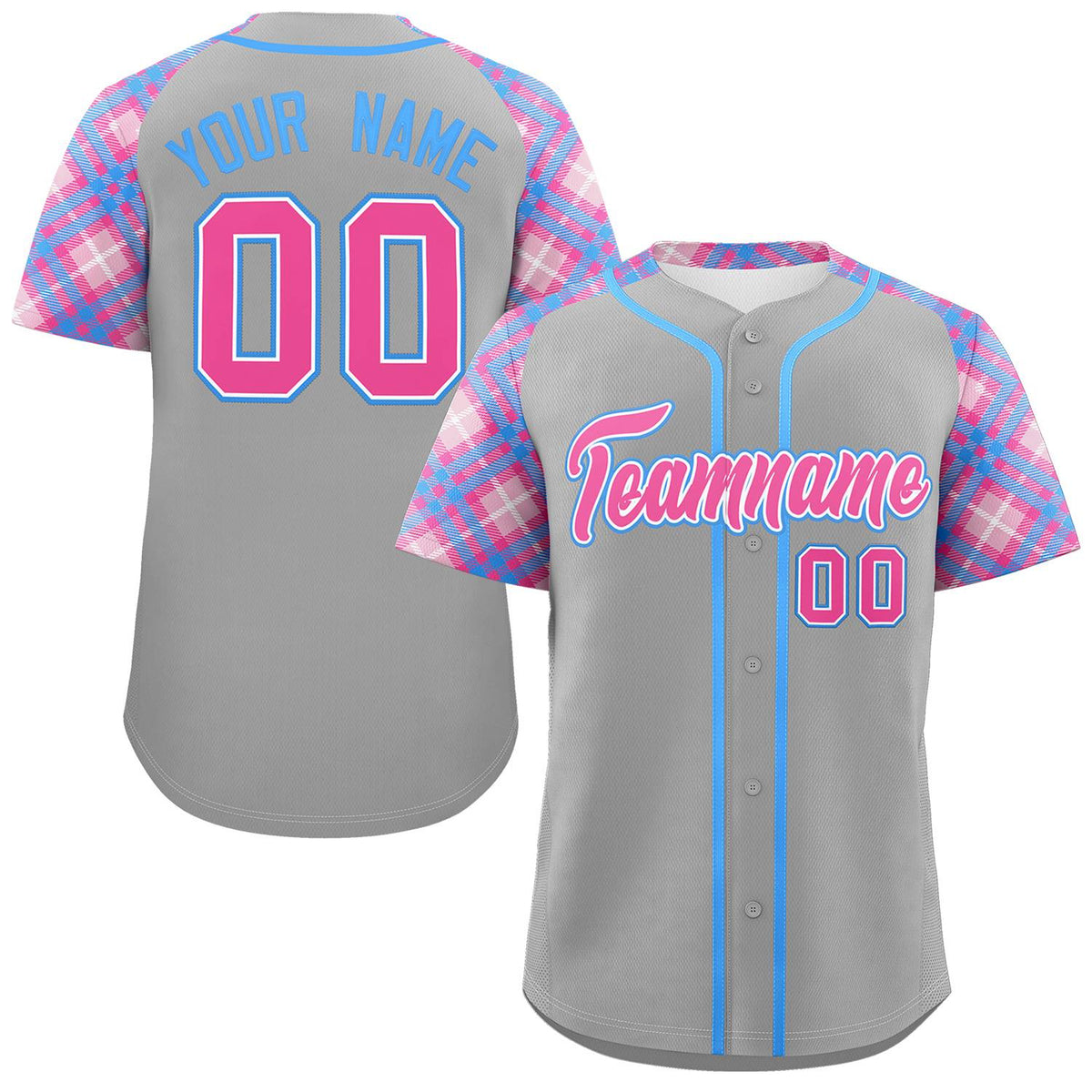 Custom Gray Pink-Light Blue Personalized Raglan Sleeves Authentic Baseball Jersey | KXKSHOP