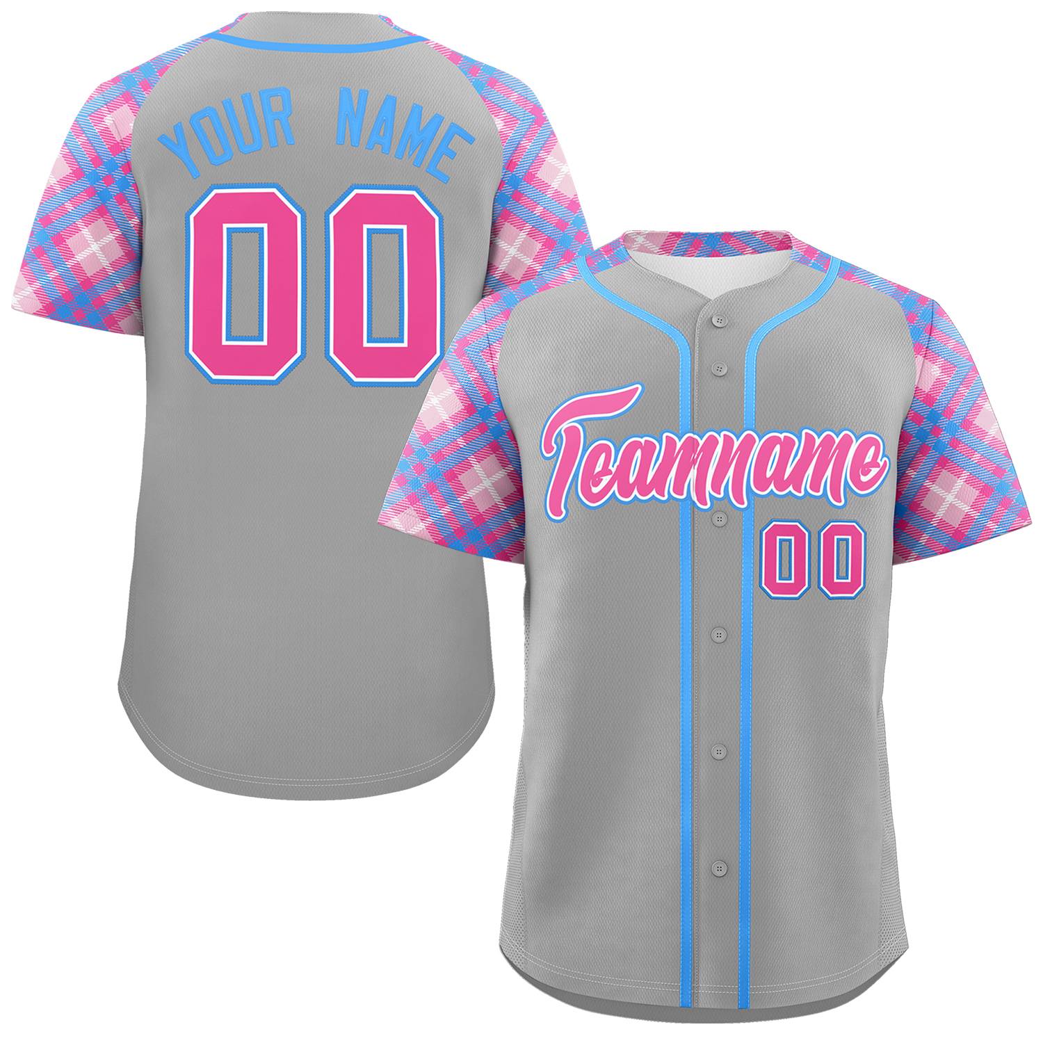 Custom Gray Pink-Light Blue Personalized Raglan Sleeves Authentic Baseball Jersey | KXKSHOP