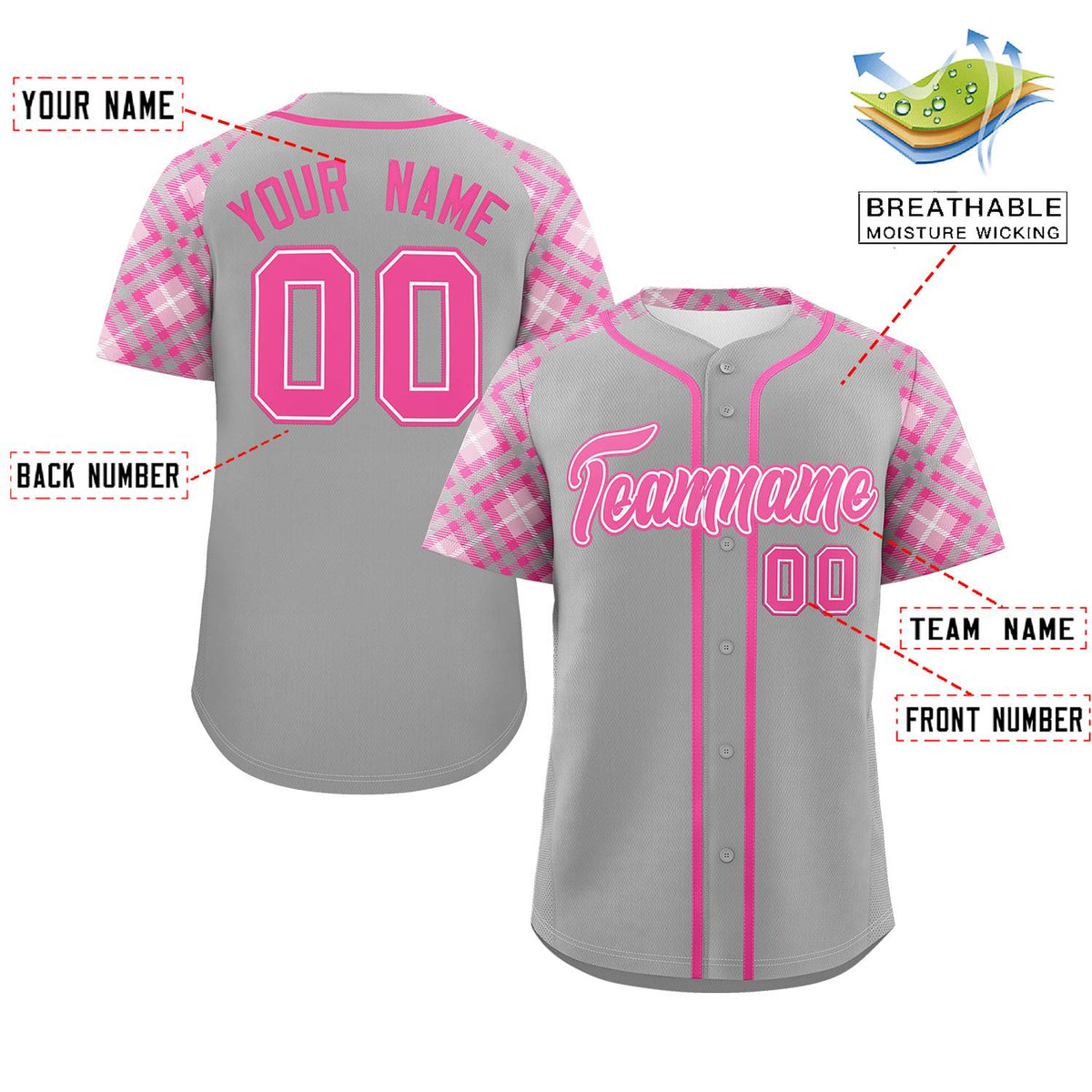 Custom Gray Pink- Personalized Raglan Sleeves Authentic Baseball Jersey | KXKSHOP