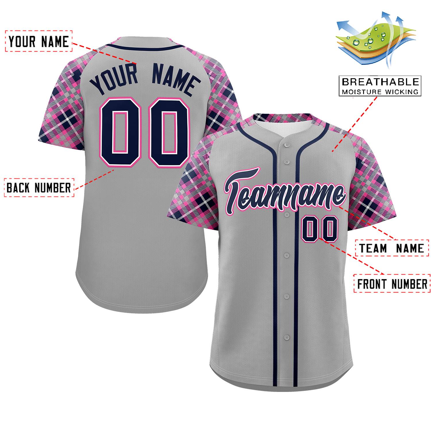 Custom Gray Navy-Pink Personalized Raglan Sleeves Authentic Baseball Jersey | KXKSHOP