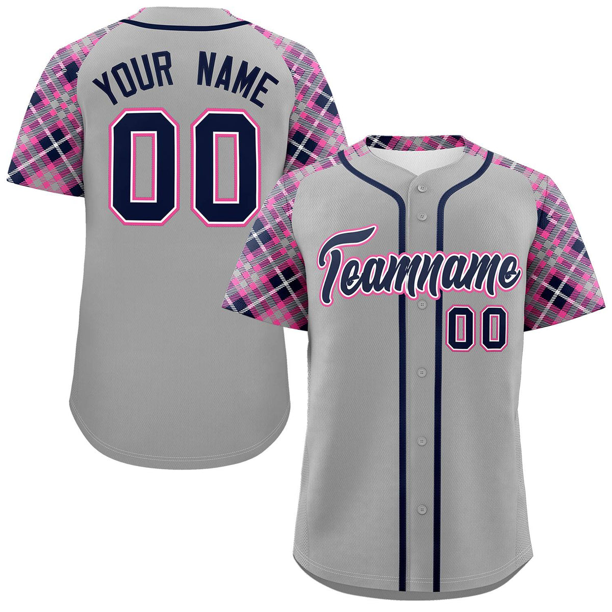 Custom Gray Navy-Pink Personalized Raglan Sleeves Authentic Baseball Jersey | KXKSHOP