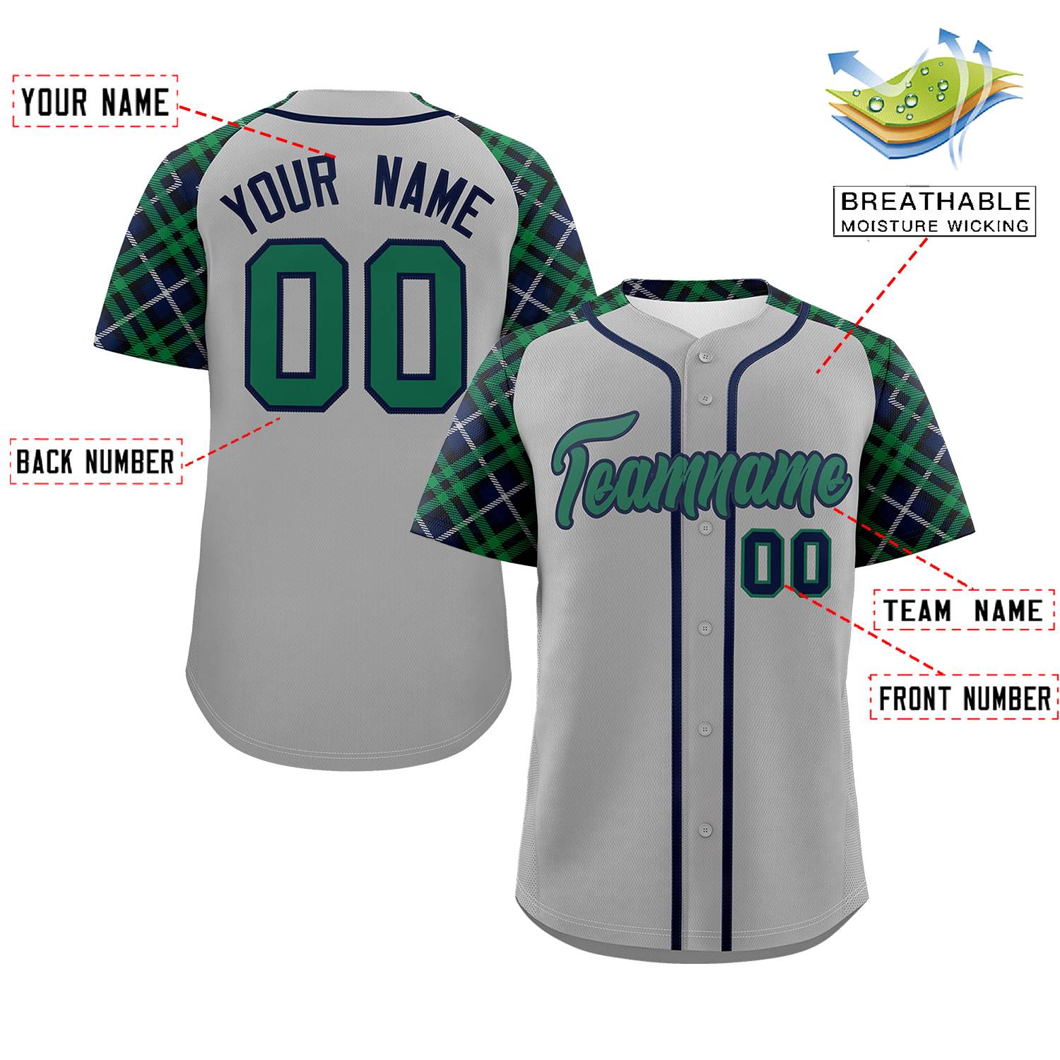 Custom Gray Kelly Green-Navy Personalized Raglan Sleeves Authentic Baseball Jersey | KXKSHOP