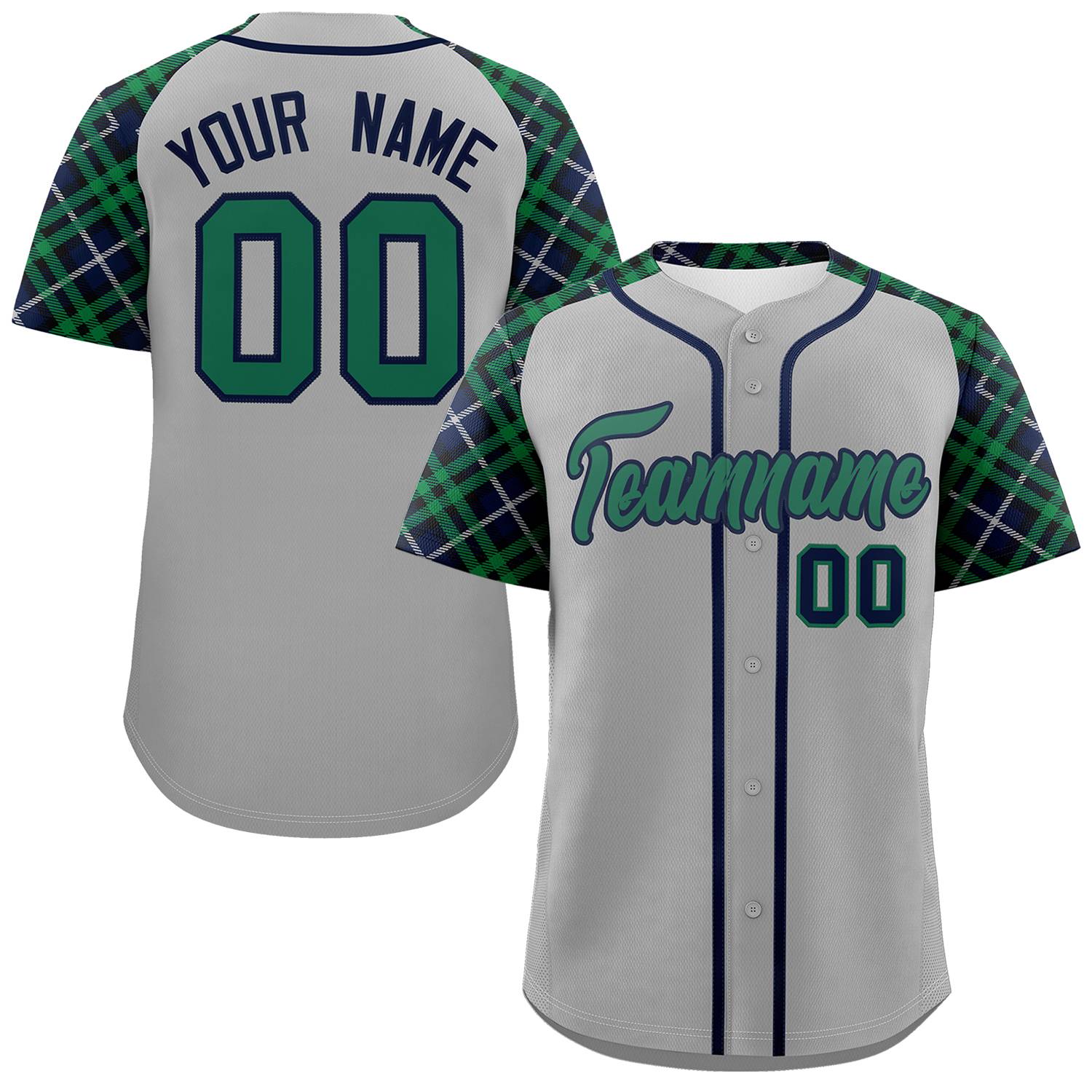 Custom Gray Kelly Green-Navy Personalized Raglan Sleeves Authentic Baseball Jersey | KXKSHOP
